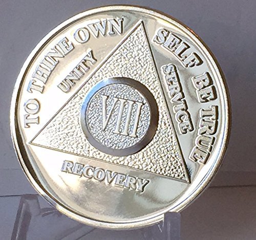 Wendells 8 Year Silver Plated AA Alcoholics Anonymous Sobriety Anniversary Medallion Chip with Serenity Prayer - Perfect for Recovery Milestones, 12-Step Meetings & Inspirational Gifts