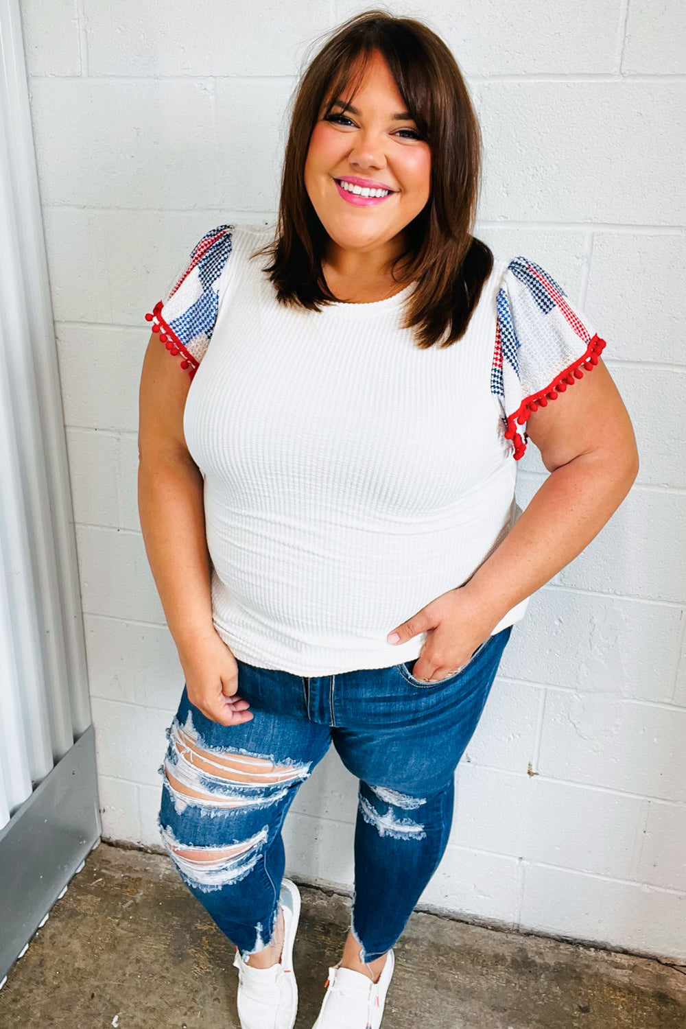 Patriotic Pom Pom Lace Flutter Sleeve Top - Women's Red White Blue Ruffled Blouse for 4th of July, Independence Day & Summer Parties