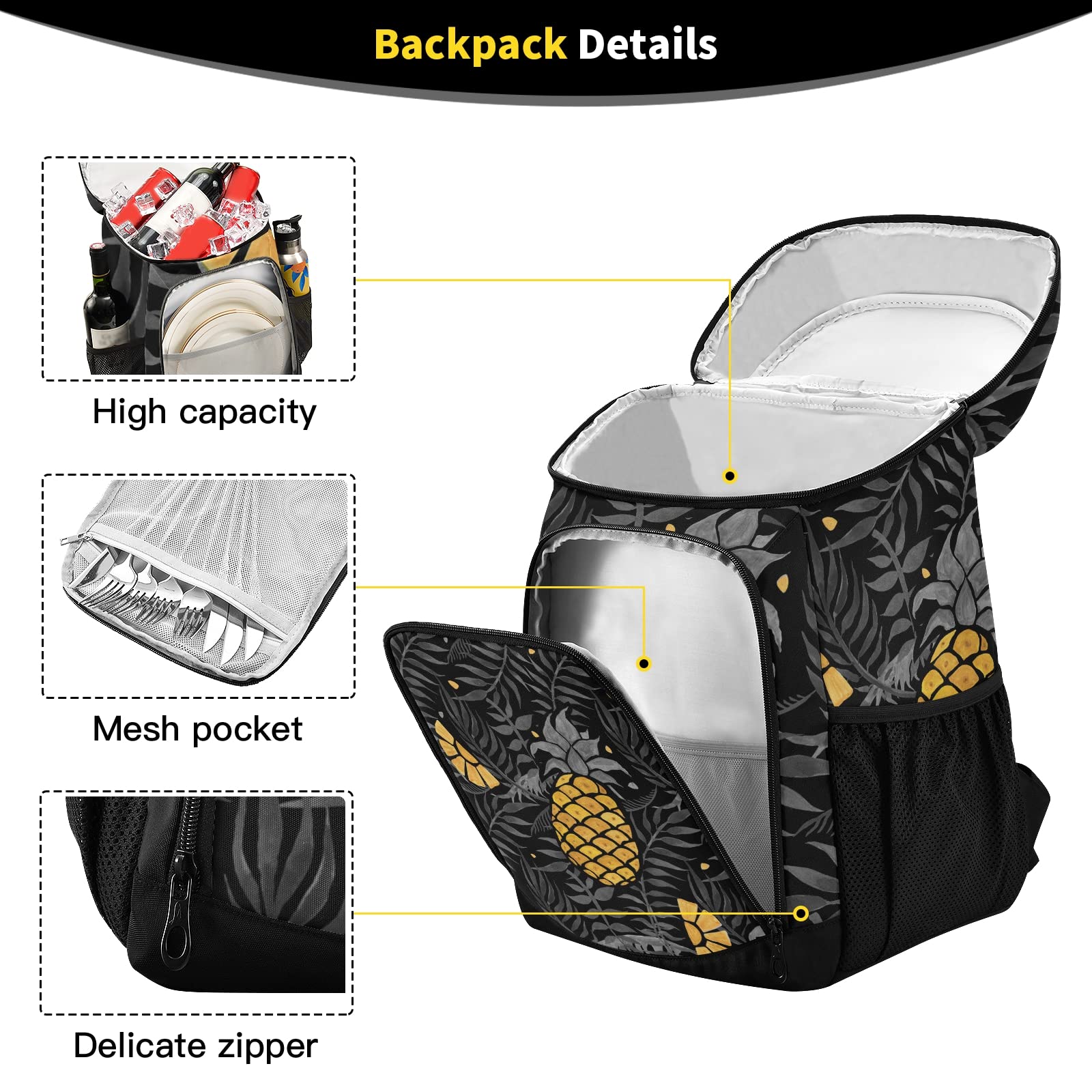 Insulated Pineapple Cooler Backpack - Leak Proof & Waterproof Beach Bag for 30 Cans, Lightweight Soft Lunch Cooler for Picnic, Hiking, Camping - Perfect for Outdoor Adventures (Men & Women)