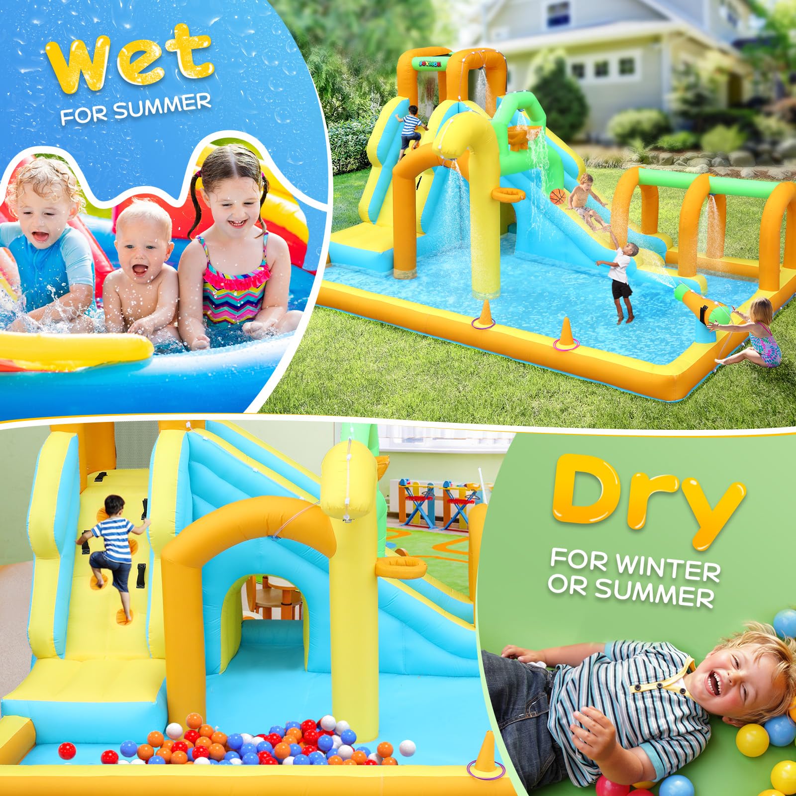 JOYMOR 10-in-1 Inflatable Water Slide Bounce House with Water Bucket, Tunnel, Water Cannon & Basketball Hoop - Fast 1 Minute Setup (Includes Air Blower) - Outdoor Backyard Water Park for Kids Ages 3-10 - Perfect for Summer Parties, Birthdays & Family Fun