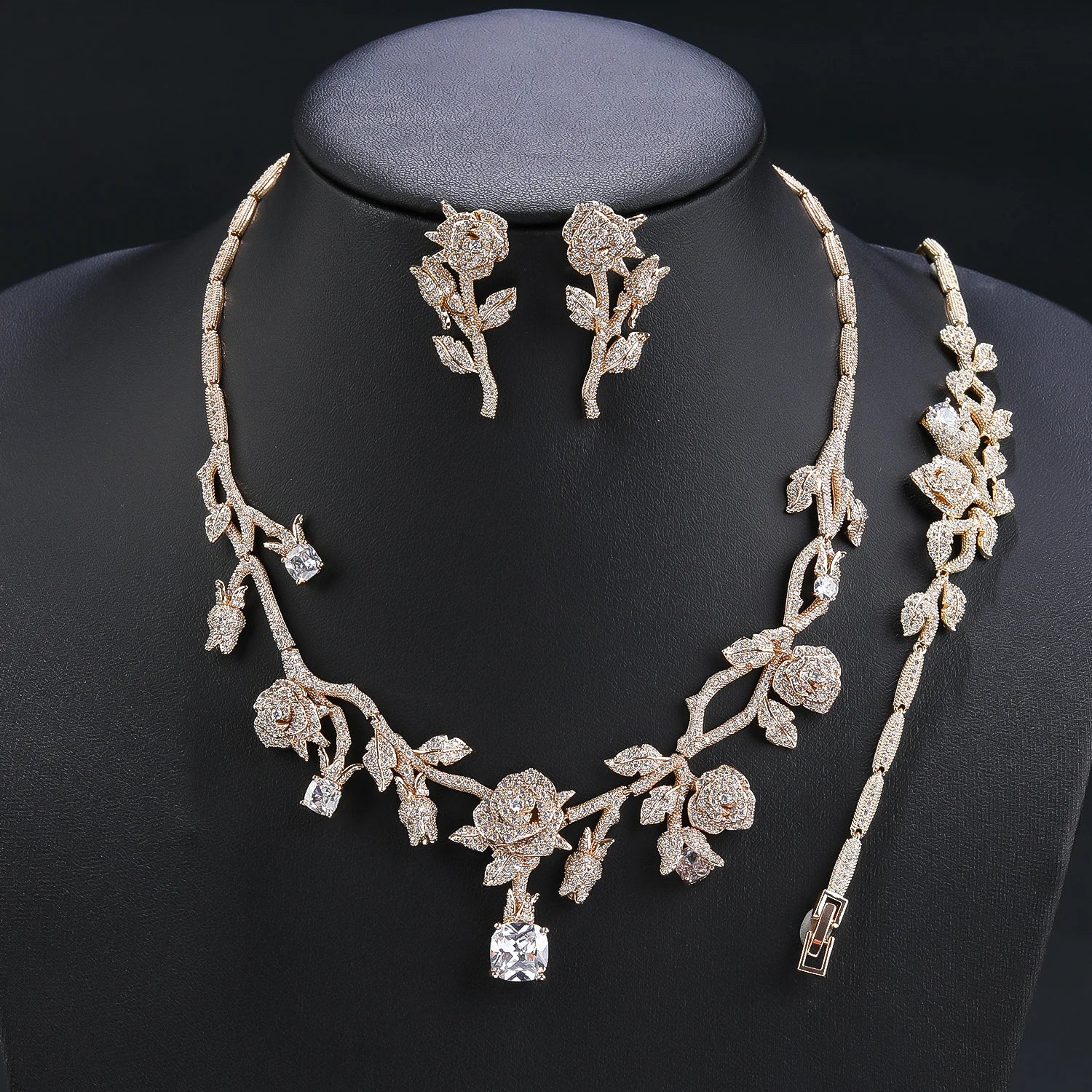Luxury 3-Piece Cubic Zirconia Rose Flower Jewelry Set - Necklace, Earrings & Bracelet for Women | Bridal Wedding Party Accessories | Perfect for Anniversary, Valentine's Day & Special Occasions