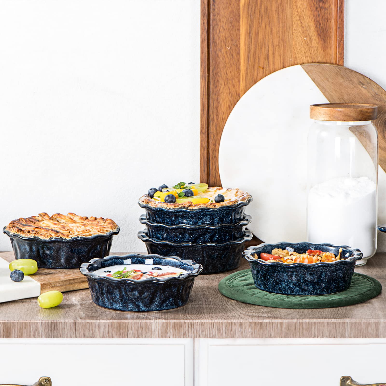 Vicrays 5.5 Inch Ceramic Pie Pan Set of 6 - Deep Dish Round Baking Dish for Apple Pie, Cake, Tart, Pizza - Microwave & Oven Safe Mini Serving Bowls - Perfect for Desserts, Pot Pies & Casseroles - Blue