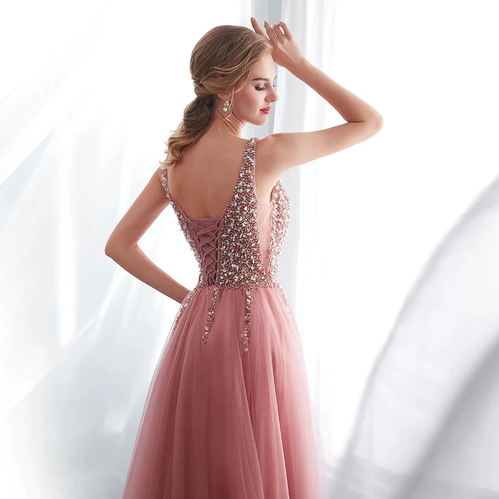 Sexy Pink Beaded Prom Dress with High Slit, Tulle Sweep Train & Lace-Up Backless Design - A-Line Sleeveless Evening Gown for Homecoming, Formal Dances & Special Occasions