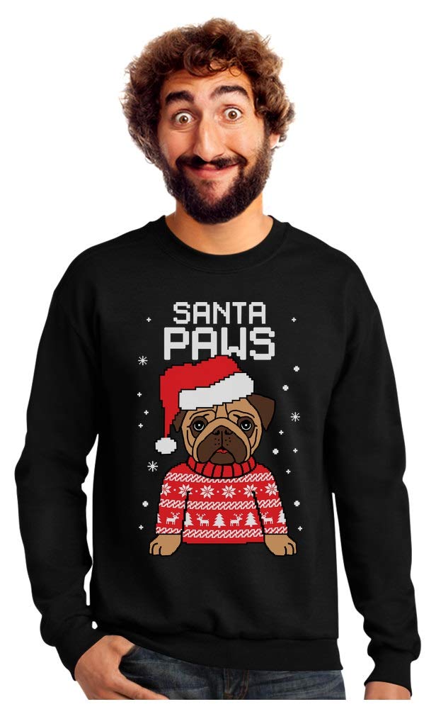 Santa Paws Christmas Sweater for Men - Funny Pug Ugly Xmas Sweatshirt | Holiday Party, Family Gathering & Festive Outfit