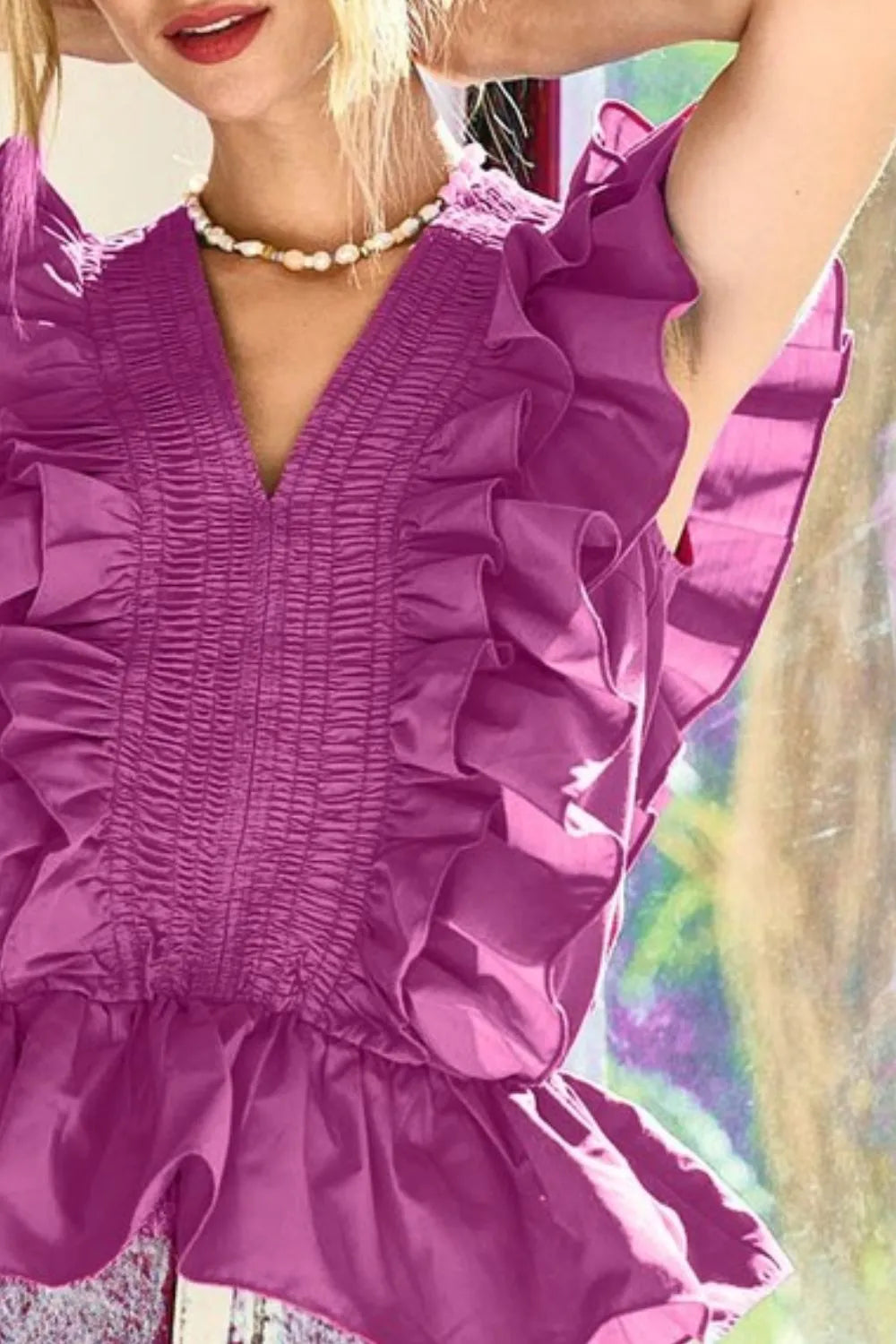 Berry Woven Ruffled Top Women's Fashion Blouse - Perfect for Summer Outfits, Beach Vacations & Date Nights