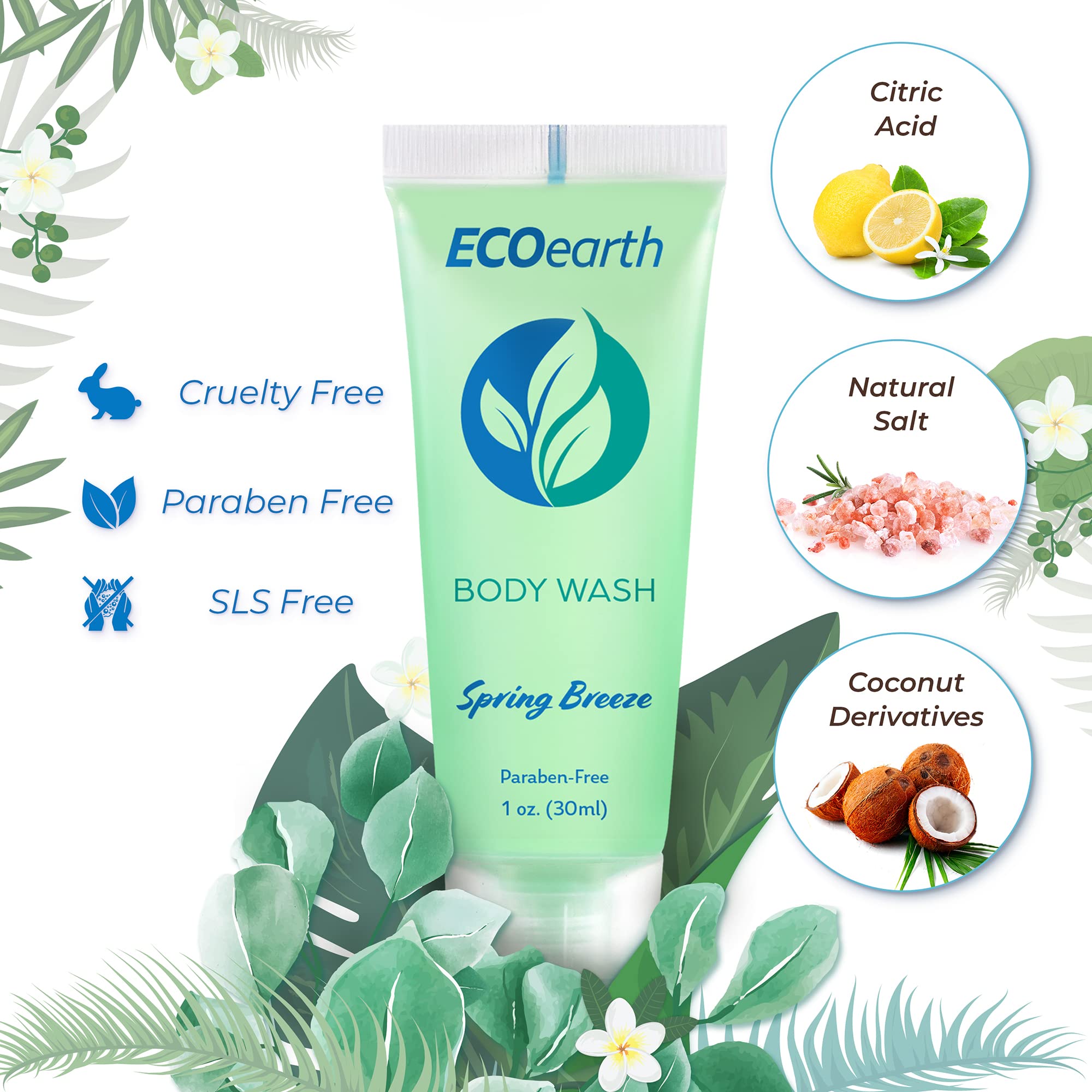 EcoEarth Hotel Toiletries Bulk Set - 125 Piece Spring Breeze Scented Travel Size Amenities (25 Each: 1oz Round Soap, Shampoo, Conditioner, Body Lotion & Body Wash) - Perfect for Hotels, Airbnb, Guest Bathrooms & Travel Essentials