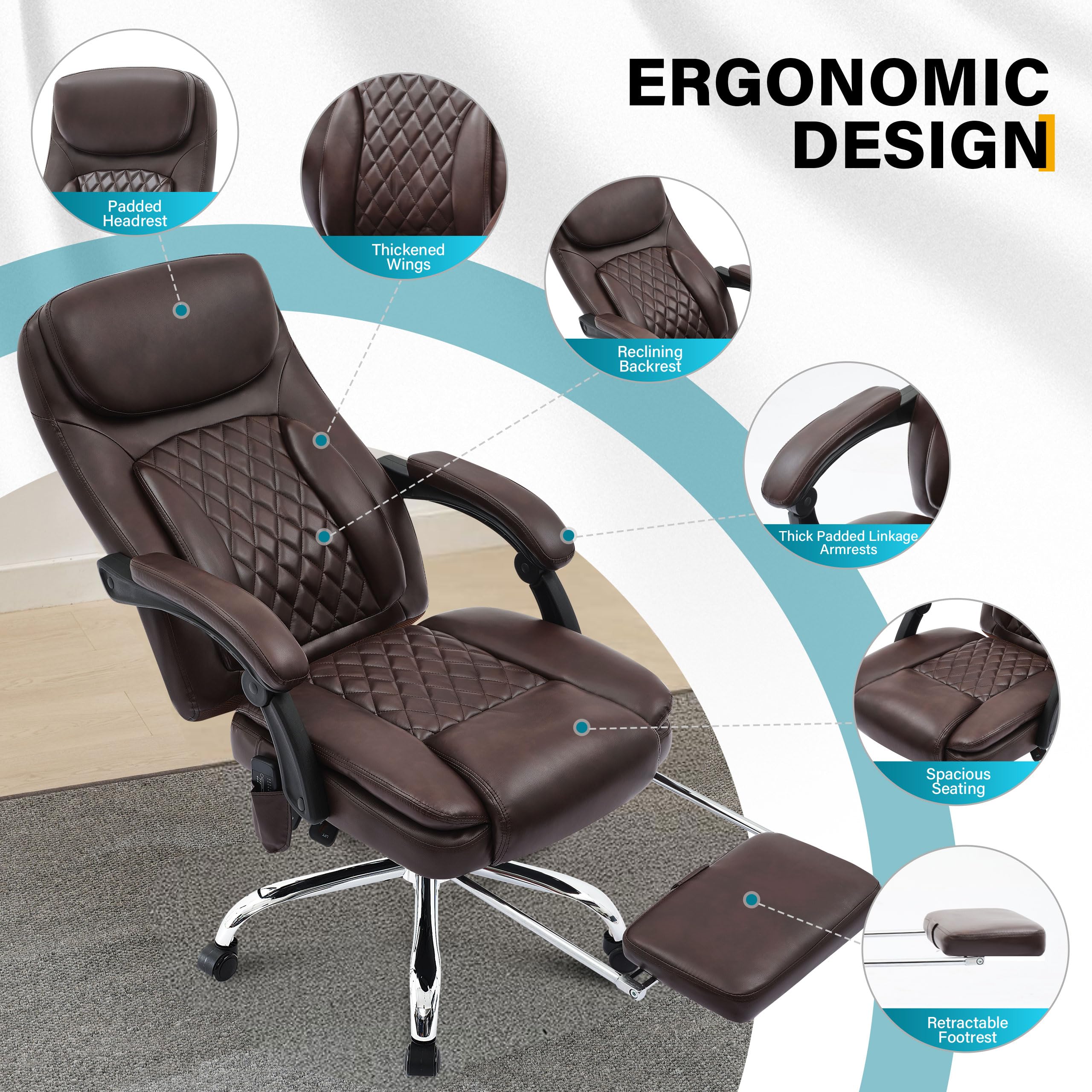 6-Point Massage Office Chair with Heating - Ergonomic Executive Chair with Footrest, 45° Recline & High Back Support - 500LBS Weight Capacity Thick Cushion Desk Chair for Home Office (Brown) - Perfect for Long Work Hours, Gaming & Relaxation
