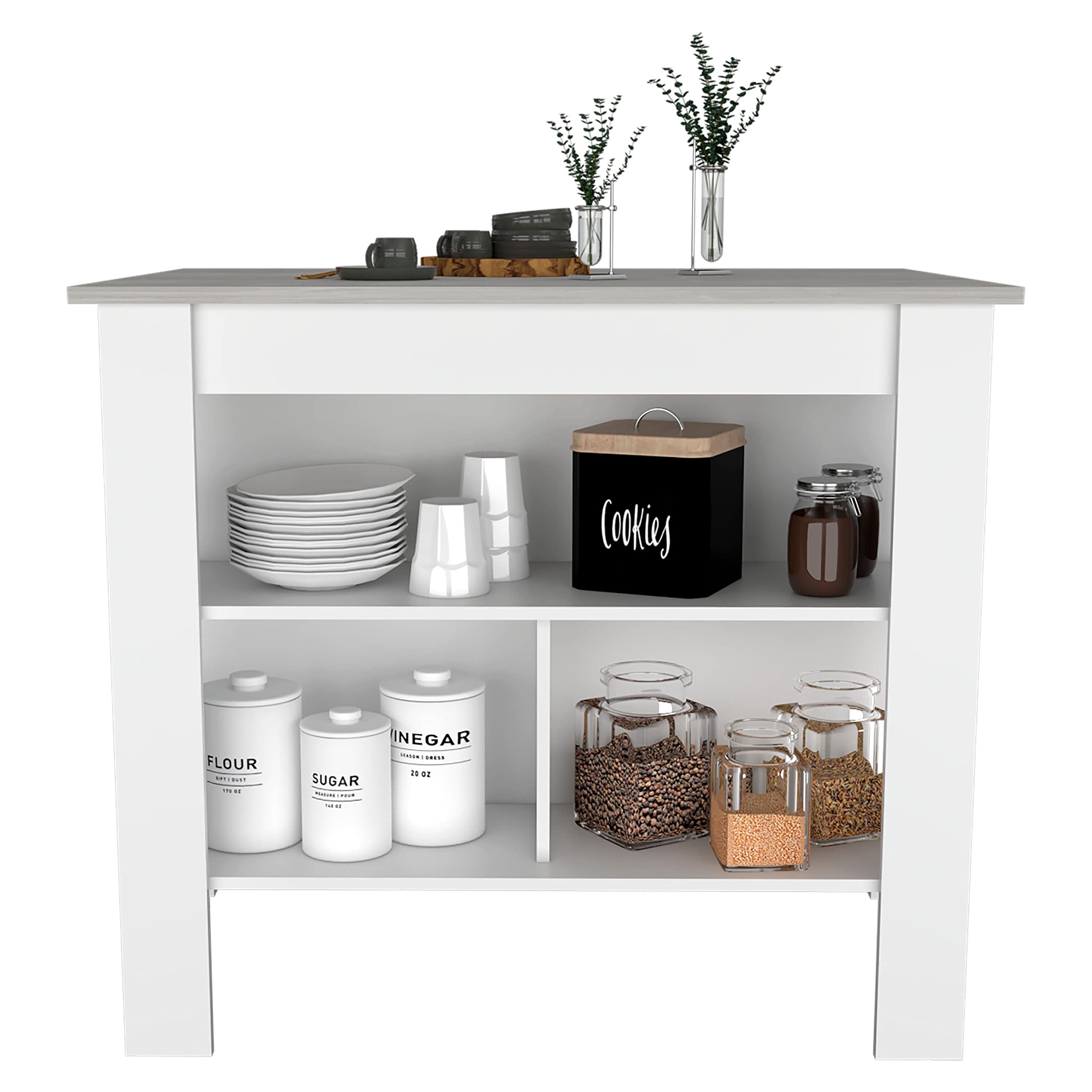 White Brooklyn Kitchen Island with Onix Surface & Shelves for Small Spaces