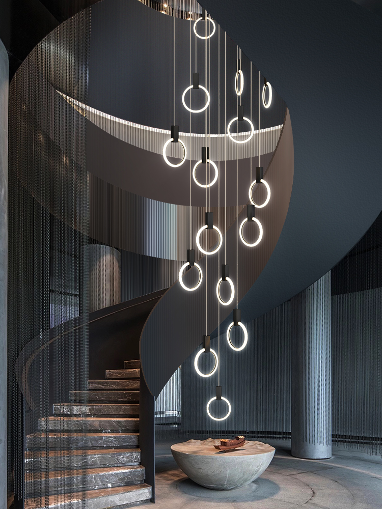 Stylish Black Aluminum Pendant Light with Long Hanging Rings - Modern Ceiling Lamp for Dining Room, Kitchen Island, or Living Room Decor