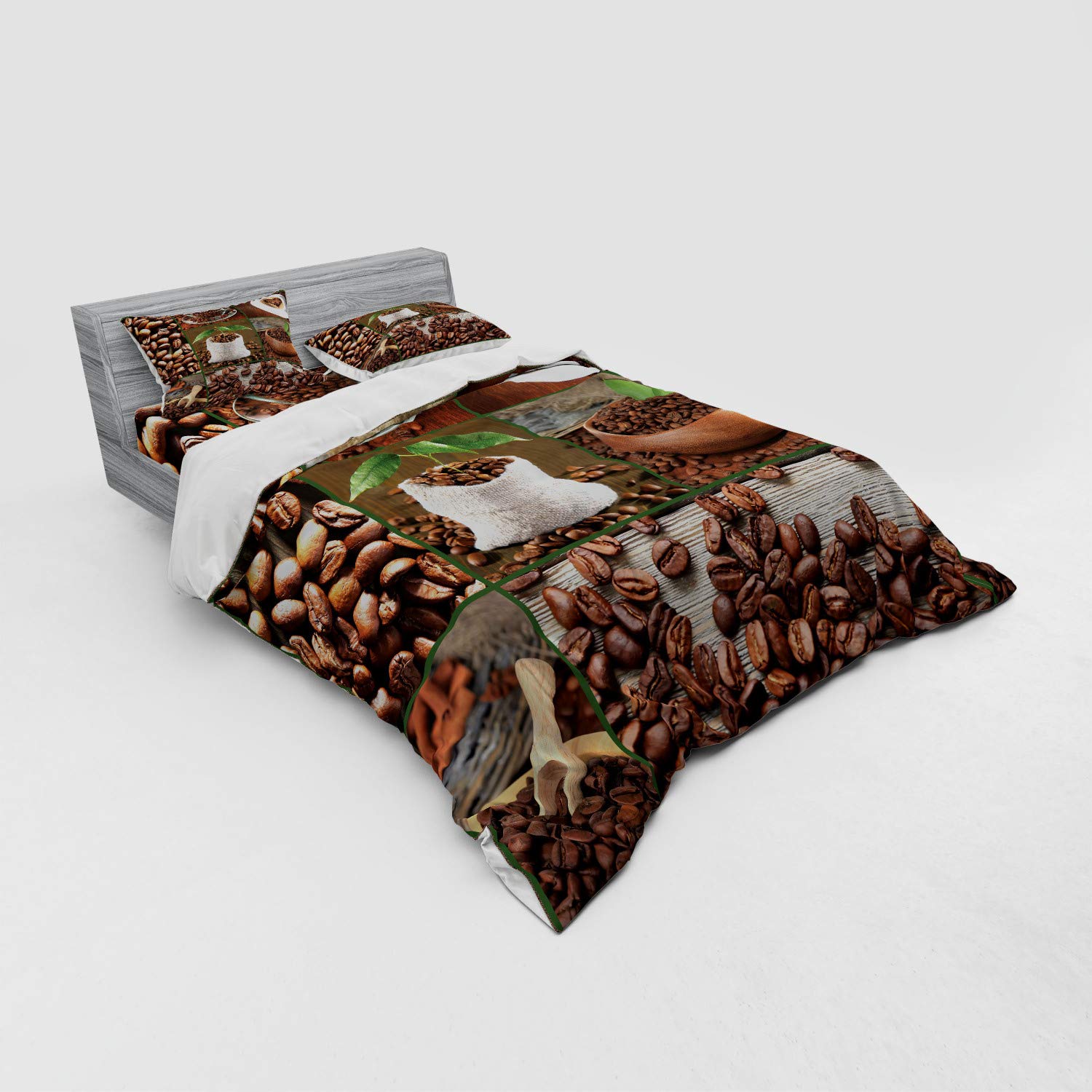Ambesonne 4-Piece Queen Size Duvet Cover Set - Brown Coffee Beans & Green Leaves Design on Wooden Table, Includes Shams & Fitted Sheet | Perfect for Bedroom Decor, Coffee Lovers Gift & Cozy Home Styling