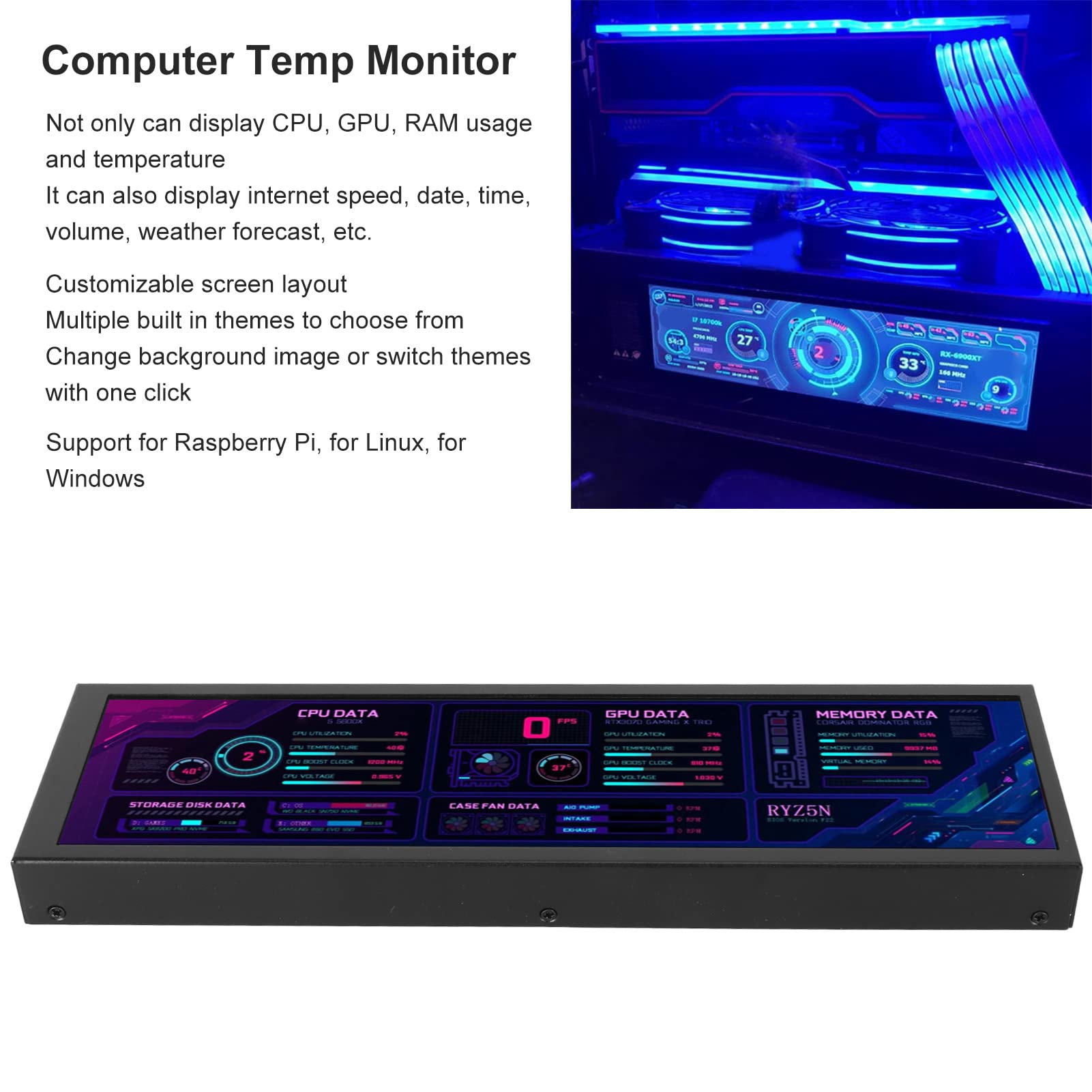 8 Inch IPS Mini USB Display 1920x480, 60Hz Computer Temperature Monitor, 360° Rotatable PC Sensor Panel Screen for Gaming PC Case Accessories - Perfect for PC Builds, Gaming Setups, and Temperature Monitoring (Black)