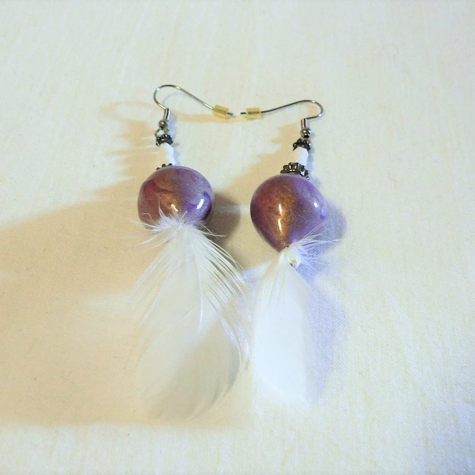 Elegant Ceramic & Feather Earrings for Women - White & Purple Dangle Earrings | Boho Chic Jewelry for Parties, Weddings & Everyday Wear