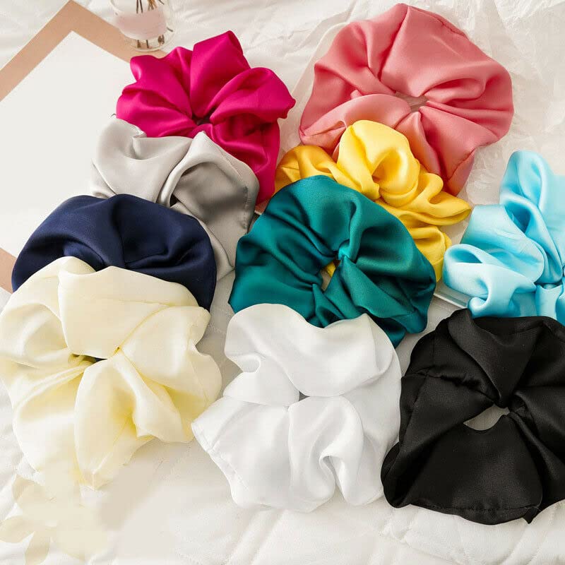 BAKEFY 12-Piece Satin Silk Hair Scrunchies Set - Soft & Fluffy Hair Ties for Women & Teen Girls - Ponytail Holders for Fine & Curly Hair - Perfect for Work, Gym, and Everyday Styling