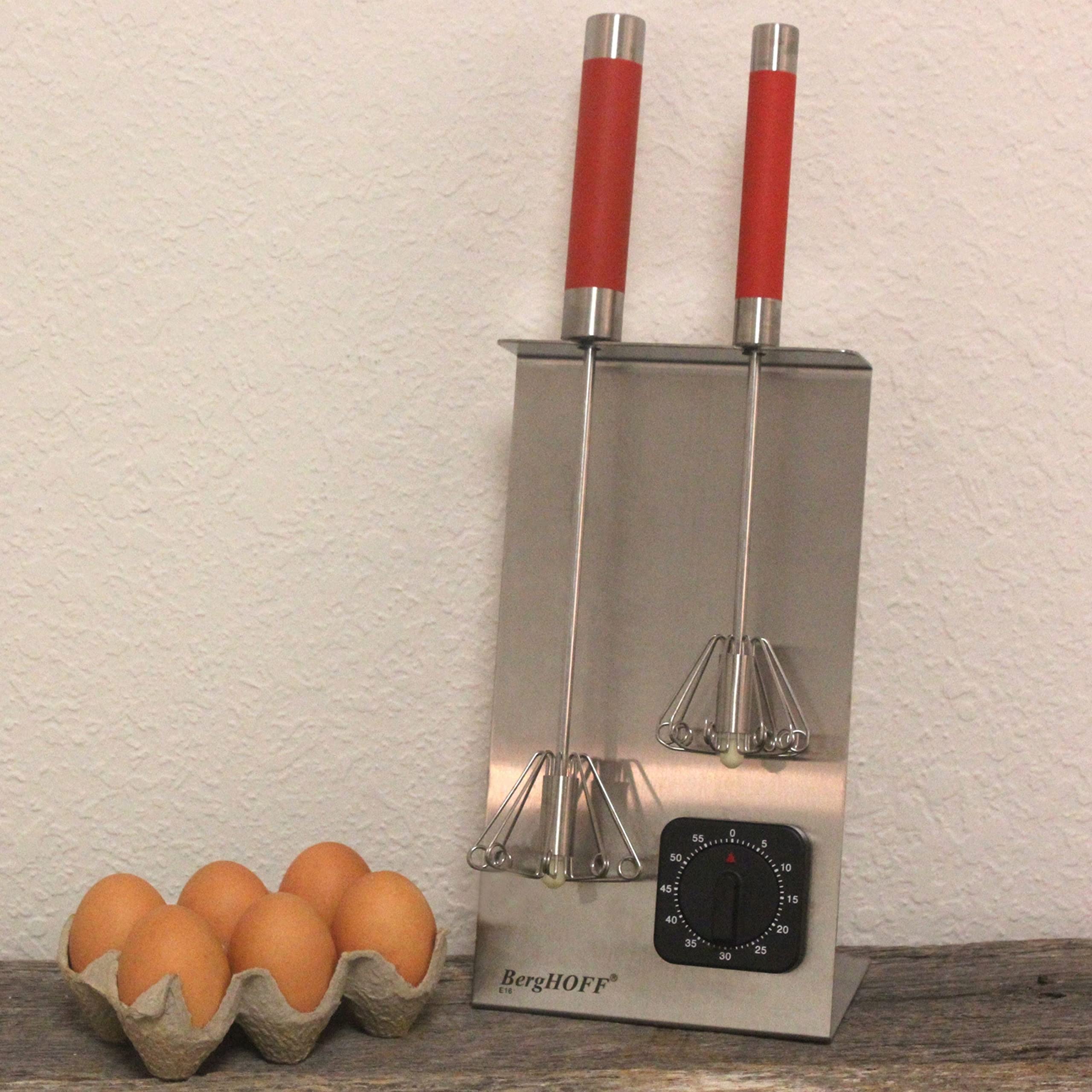 BergHOFF 3-Piece Stainless Steel Whisk Set with Stand & Timer - Silver & Red Ergonomic Handles - Perfect for Baking, Cooking, and Kitchen Decor