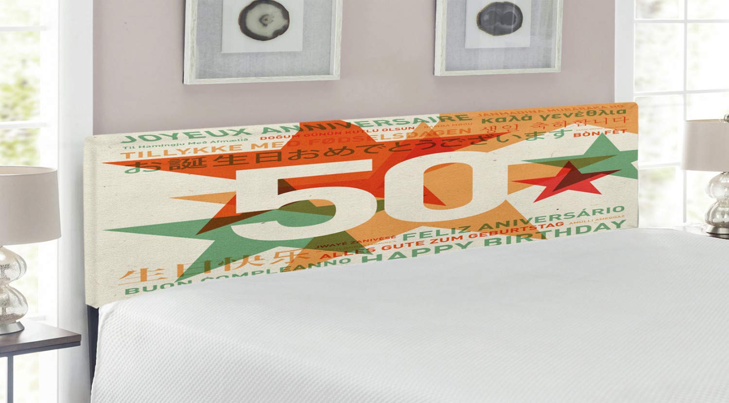 Ambesonne 50th Birthday Headboard - Retro Style Upholstered Metal Bed Headboard with Memory Foam & Multilingual Happy Birthday Print | King Size in Green, Red & Orange | Perfect for Birthday Decorations, Bedroom Makeovers & Photo Backdrops