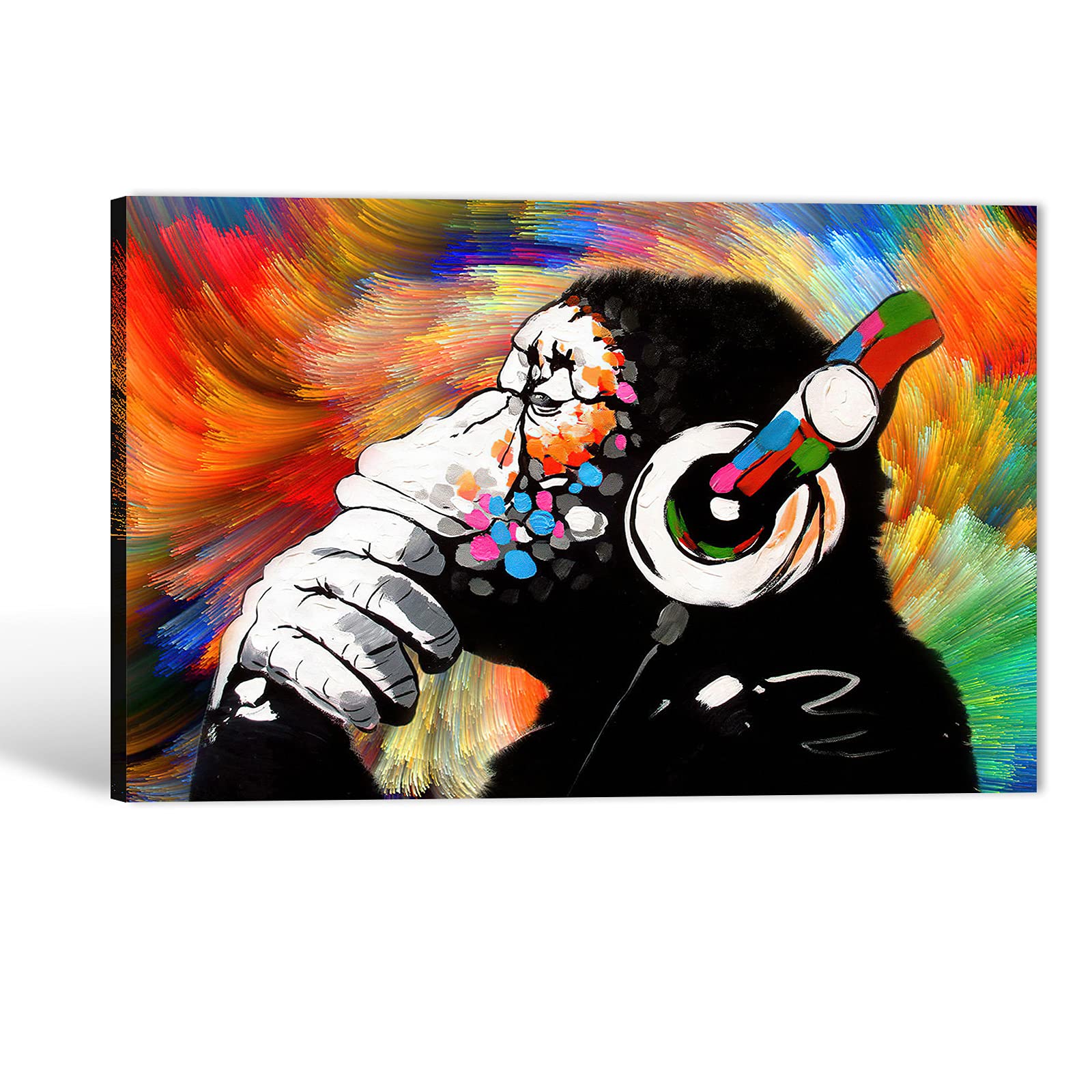 Urban Graffiti Canvas Wall Art - Colorful Street Style Monkey Listening to Music Painting (24x36 Inches) - Perfect for Bedroom, Living Room & Office Decor | Modern Wall Art for Urban Home Aesthetics