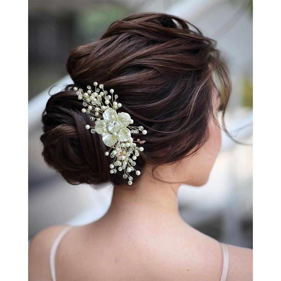 Ansh Elegant Floral Hair Clips with Big Stones & Pearls | Women's Metal Hair Pins & Juda Clips | Hair Accessories for Women & Girls (Set of 2371 & 2372) | Perfect for Weddings, Parties & Everyday Style