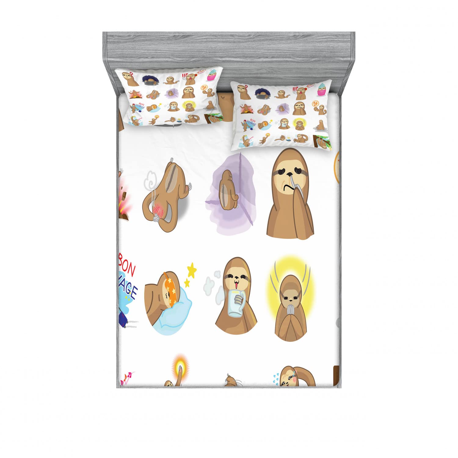 Ambesonne Sloth 2-Piece Full Size Fitted Sheet Set with 4 Pillow Shams - Cute Manga Style Sloth Print Bedding Collection - Soft Microfiber Sheets for Kids & Adults - Perfect for Bedroom Decor, Dorm Room, or Gift Idea