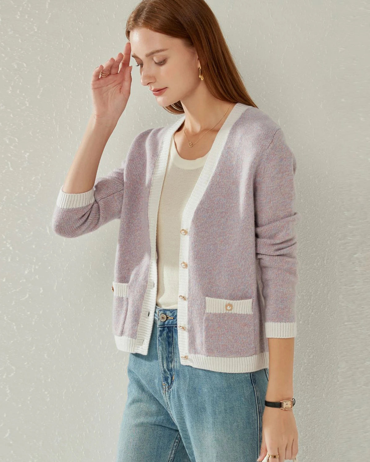 Lilac Cashmere Cardigan with Pearl Buttons | Soft Women's Sweater for Fall & Winter | Perfect for Office, Date Night & Cozy Evenings