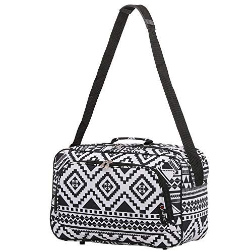 16 Inch Carry On Hand Luggage Flight Duffle Bag - Lightweight 19L Travel Duffel for Airplane, Gym & Weekend Trips - Fits Under Seat & 2nd Bag Option (Black Aztec Design) - Perfect for Business Travel, Sports Gear & Overnight Stays