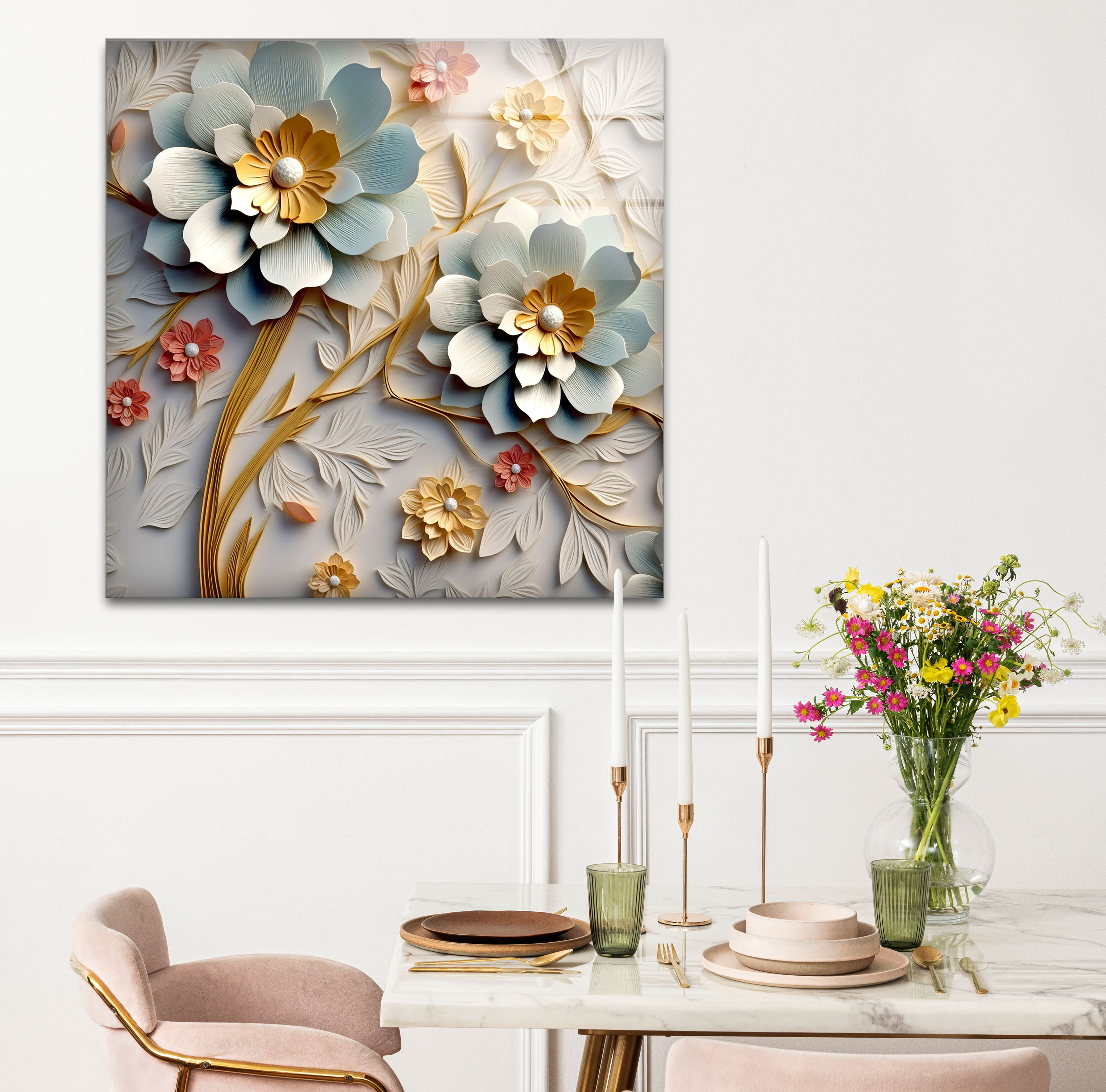 3D Blooming Flower Wall Art - Elegant Embossed Glass Floral Print for Home Decor, Living Room, Bedroom, Office | Modern Botanical Wall Decor for Interior Design