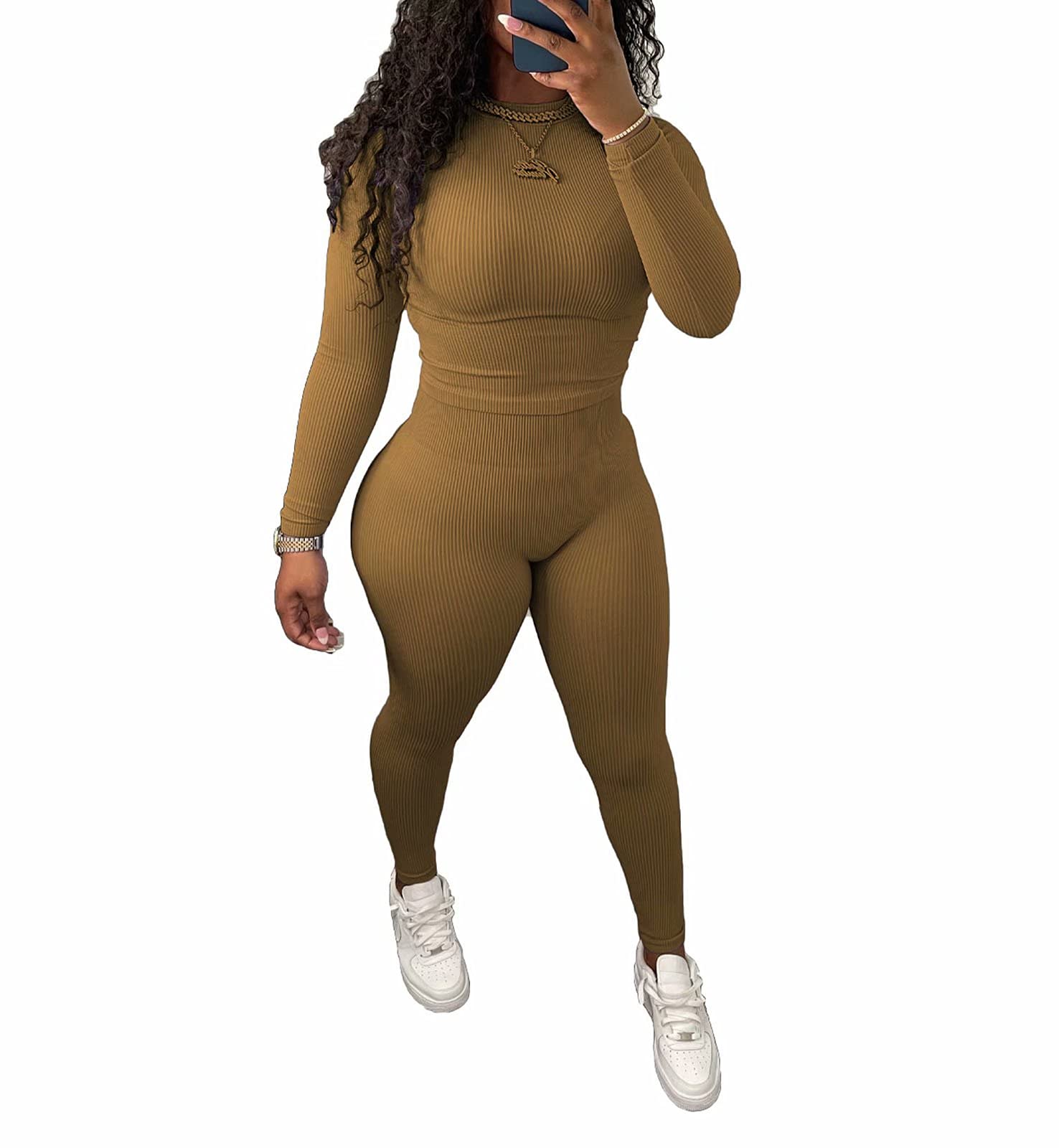 Annystore Women's 2-Piece Workout Sets - Long Sleeve Tops & High Waist Leggings Gym Outfits | Yoga, Running & Fitness Activewear Tracksuits