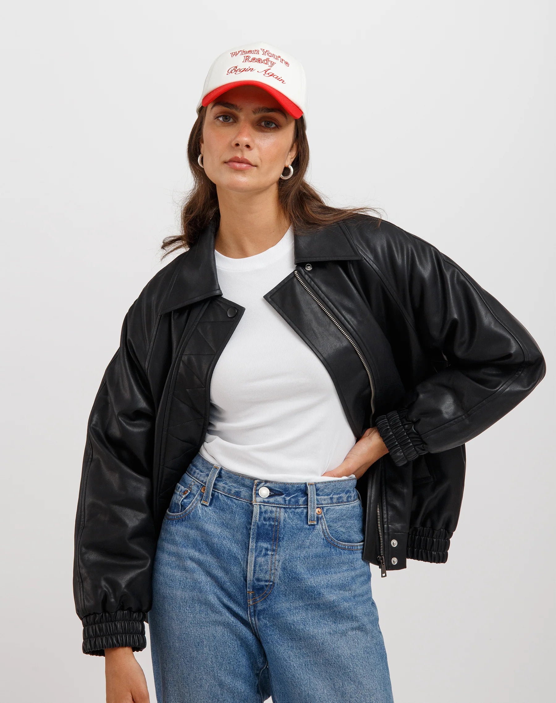 Brunette The Label Christine Oversized Vegan Leather Bomber Jacket - Women's Faux Leather Vegan Coat for Fall & Winter - Perfect for Casual Outfits, Streetwear & Layering