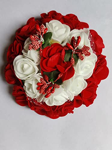 AB Beauty House® Golden Red & White Flower Gajra Hair Accessories for Women & Girls - Perfect for Weddings, Parties & Traditional Indian Outfits