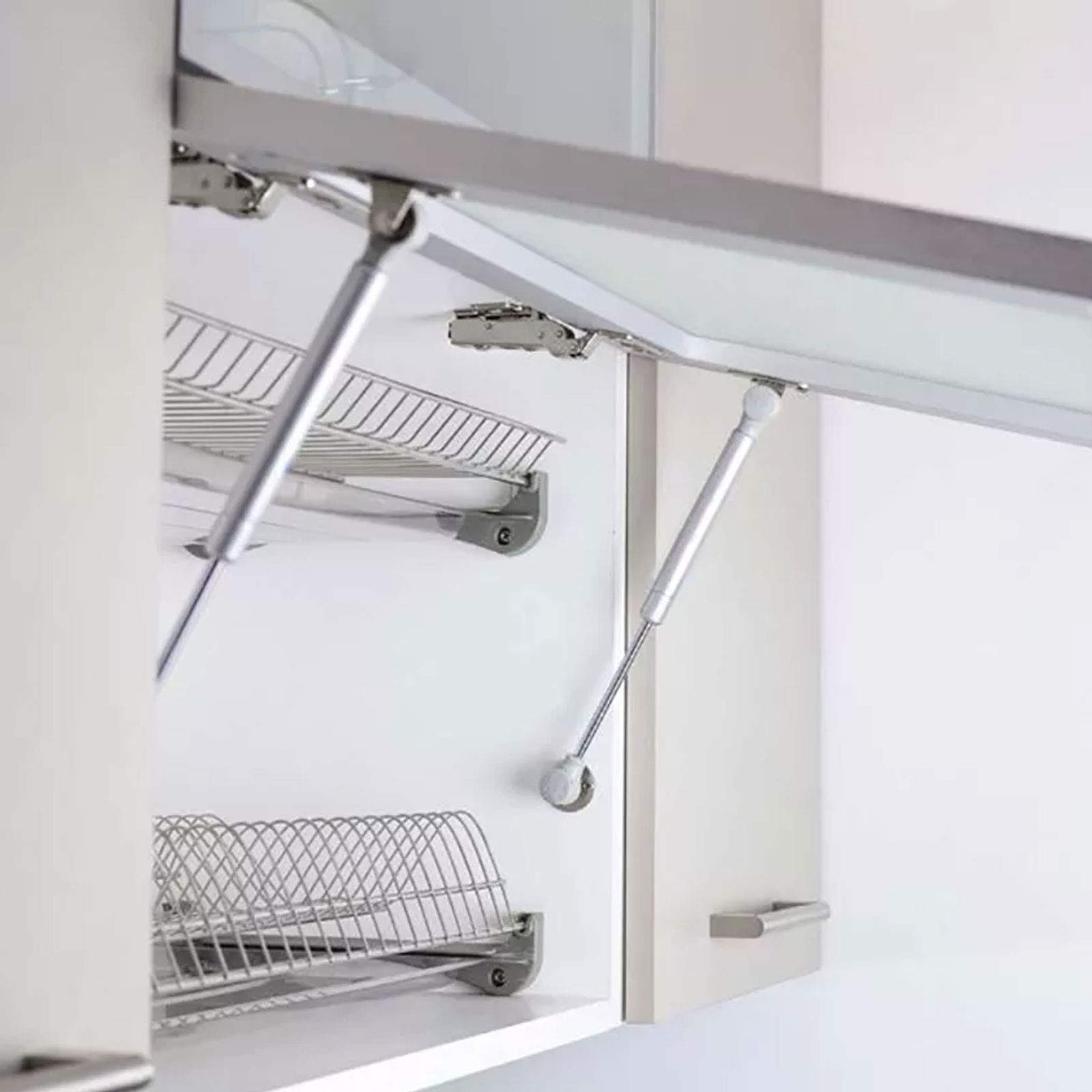 HAKZEON 10 Pack 100N/22.5LB Hydraulic Cabinet Hinges - Silver Gas Strut Lift Support with 50 Mounting Screws for Kitchen Cupboard, Wardrobe & Furniture Doors (Ideal for Soft-Close Cabinet Installation)