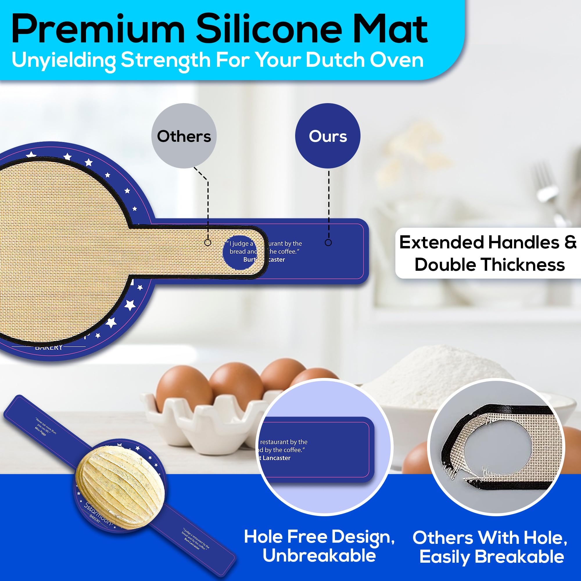 Extra Thick Non-Stick Reusable Silicone Bread Sling Dutch Oven Liner with Long Handles - Perfect for Sourdough Bread Baking, Artisan Loaves & No-Knead Bread - Durable Baking Mat for Dutch Ovens (Blue)