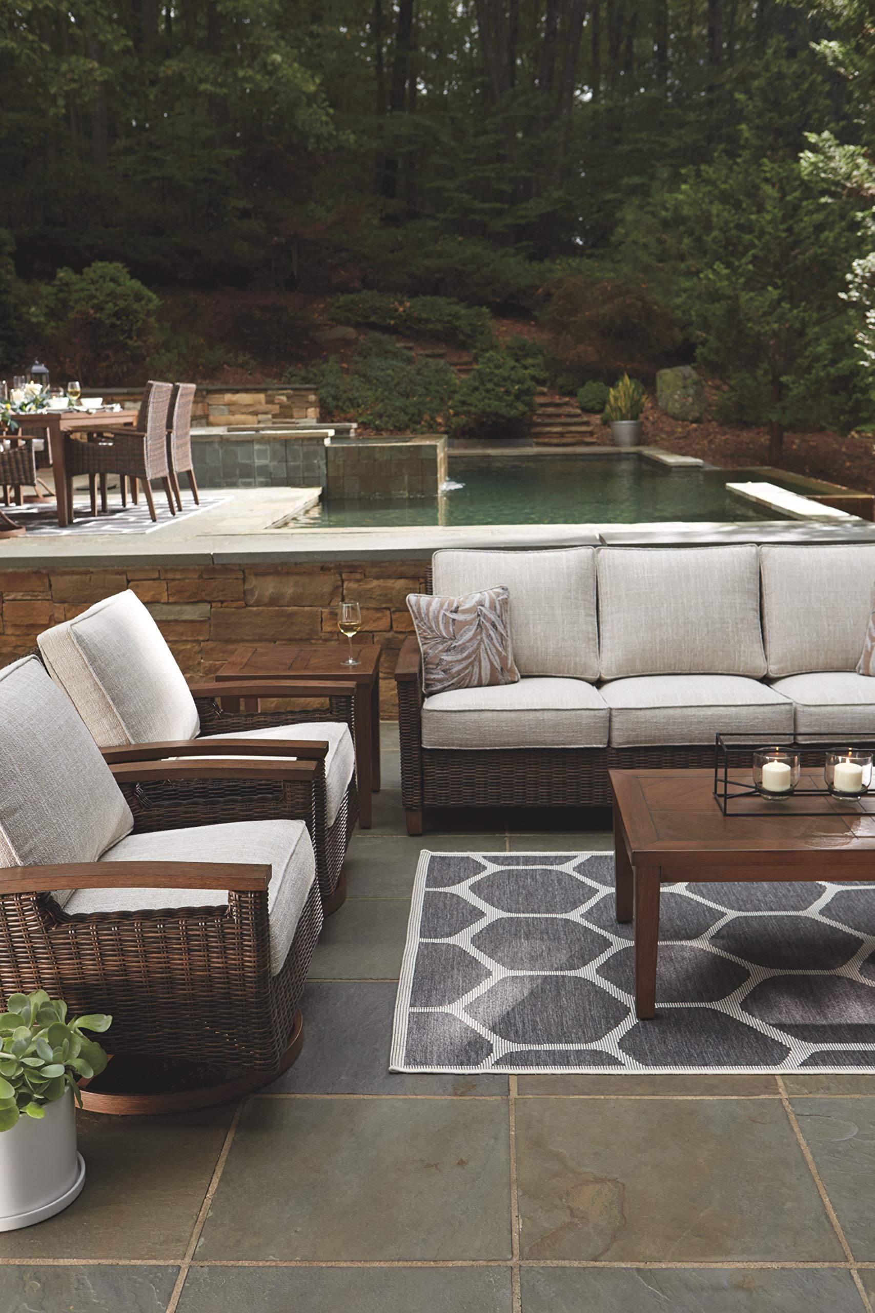 Signature Design by Ashley Paradise Trail Outdoor Patio Sofa Set with Weather-Resistant Cushion & 2 Decorative Pillows - Brown & Beige - Perfect for Backyard, Garden or Poolside Relaxation