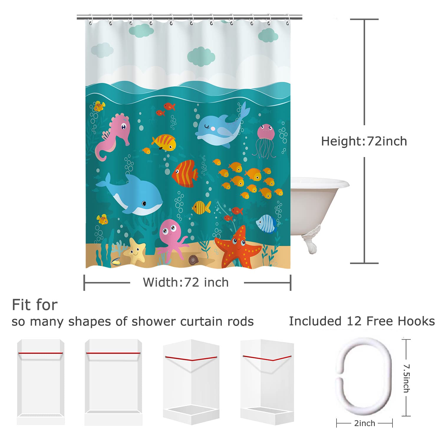 RosieLily Waterproof Fish Shower Curtain - Kids Bathroom Decor with Ocean Animals, Dolphins & Jellyfish - 72x72 Inches with 12 Hooks - Perfect for Beach Themed Bathrooms & Nautical Nursery Decor