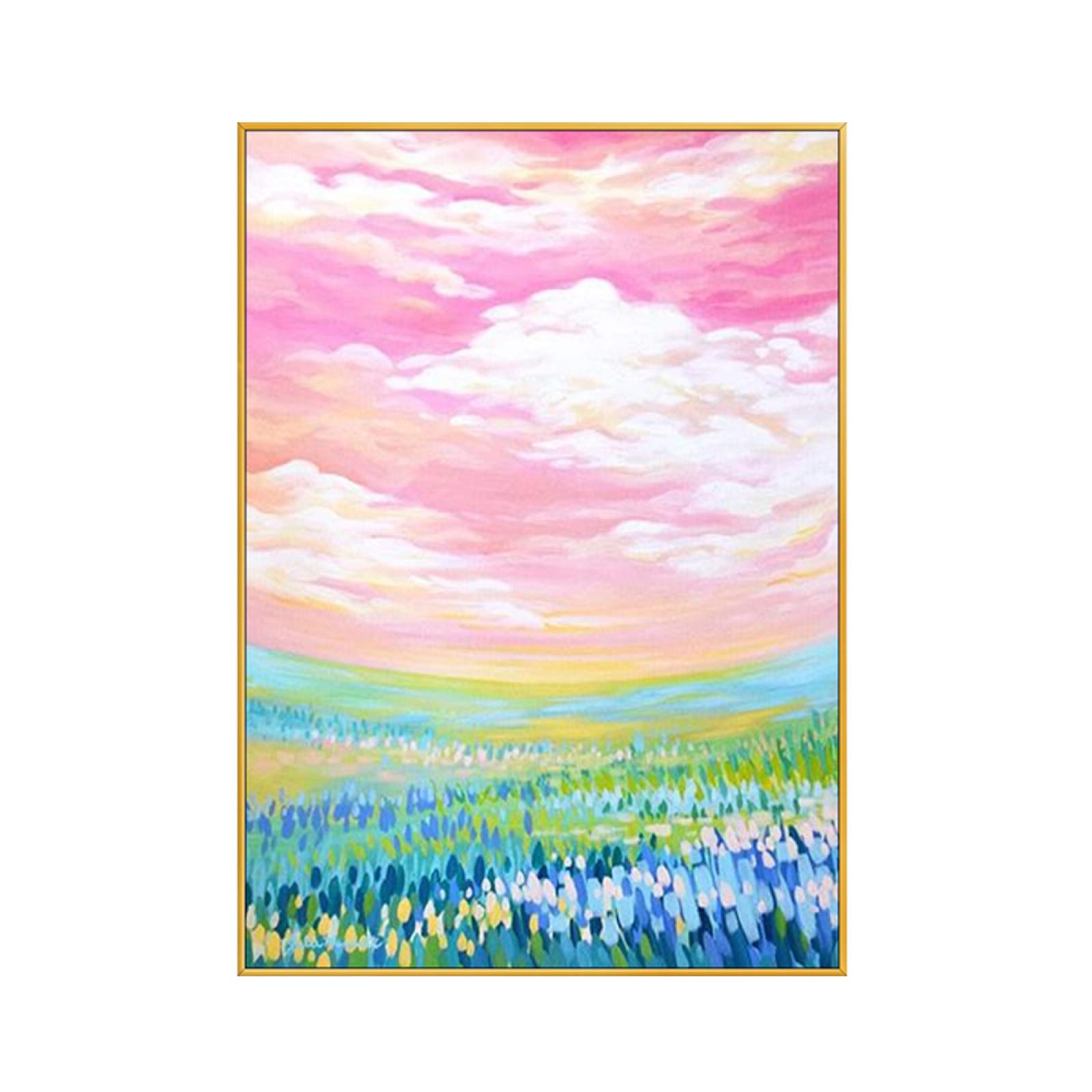 Hand Painted Oil Painting on Canvas - Pink Sky Flower Field Landscape Abstract Artwork, Large Modern Wall Decor for Living Room, Bedroom, Corridor | Perfect for Home Decoration & Gift Giving