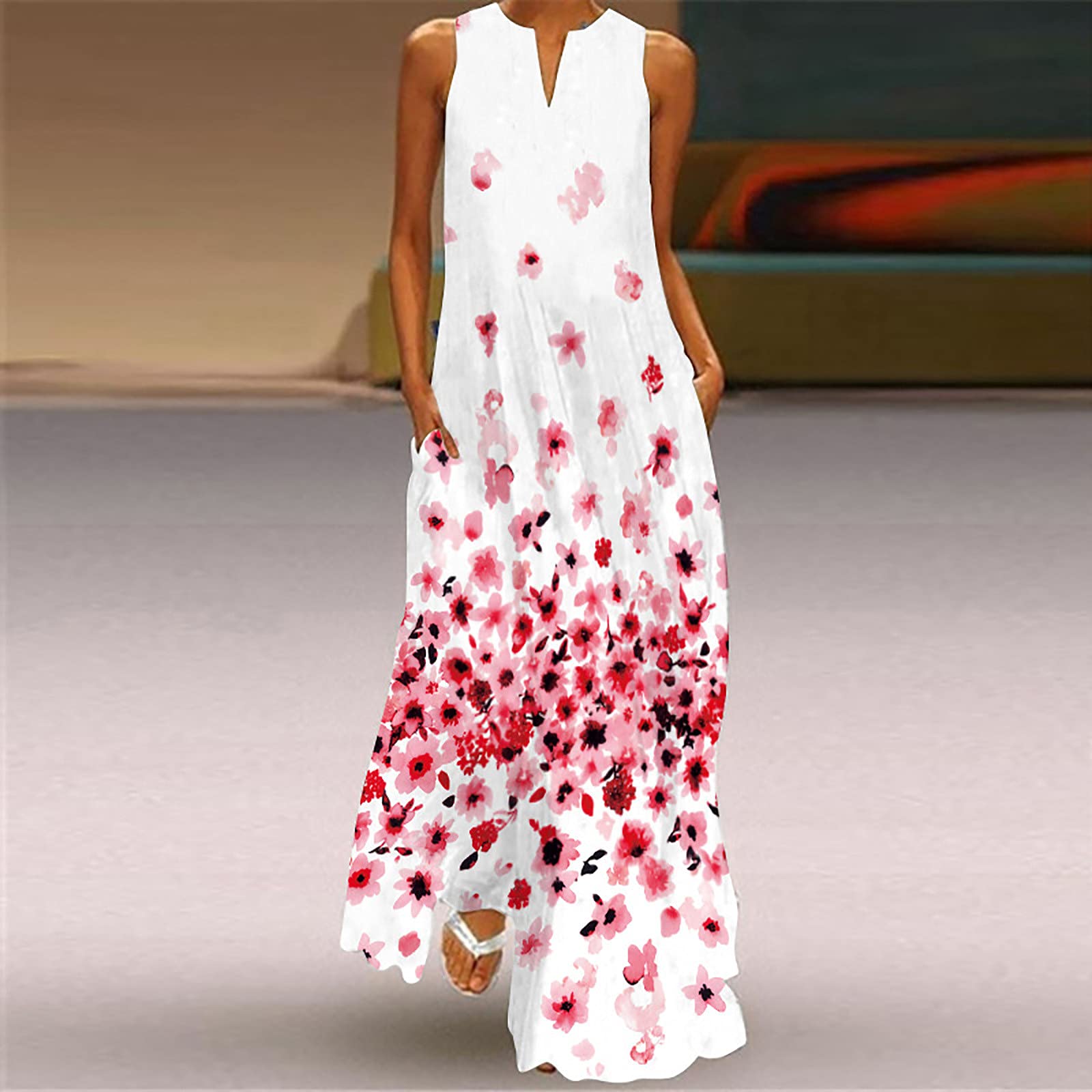Women's Summer Maxi Dress - Sleeveless Flowy Loose Long Dress with V-Neck & Pockets - Vintage Floral Print Casual Beach Dress for Vacation, Party & Everyday Wear