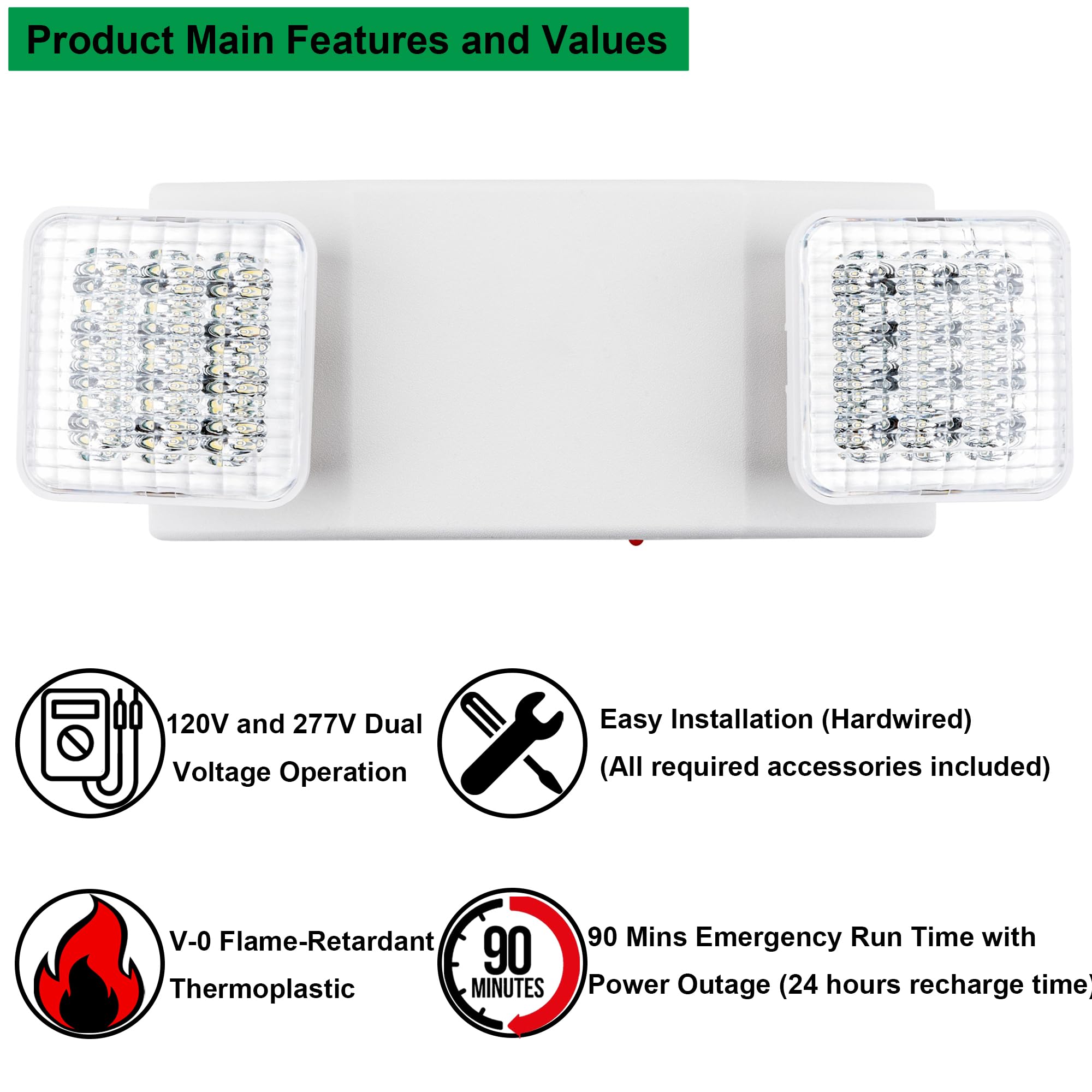 LIT-PaTH LED Emergency Exit Light Fixtures - 2 LED Heads with Backup Batteries, UL 924 & CEC Certified, 120/277V - 4 Pack for Commercial Buildings, Warehouses, and Emergency Exits