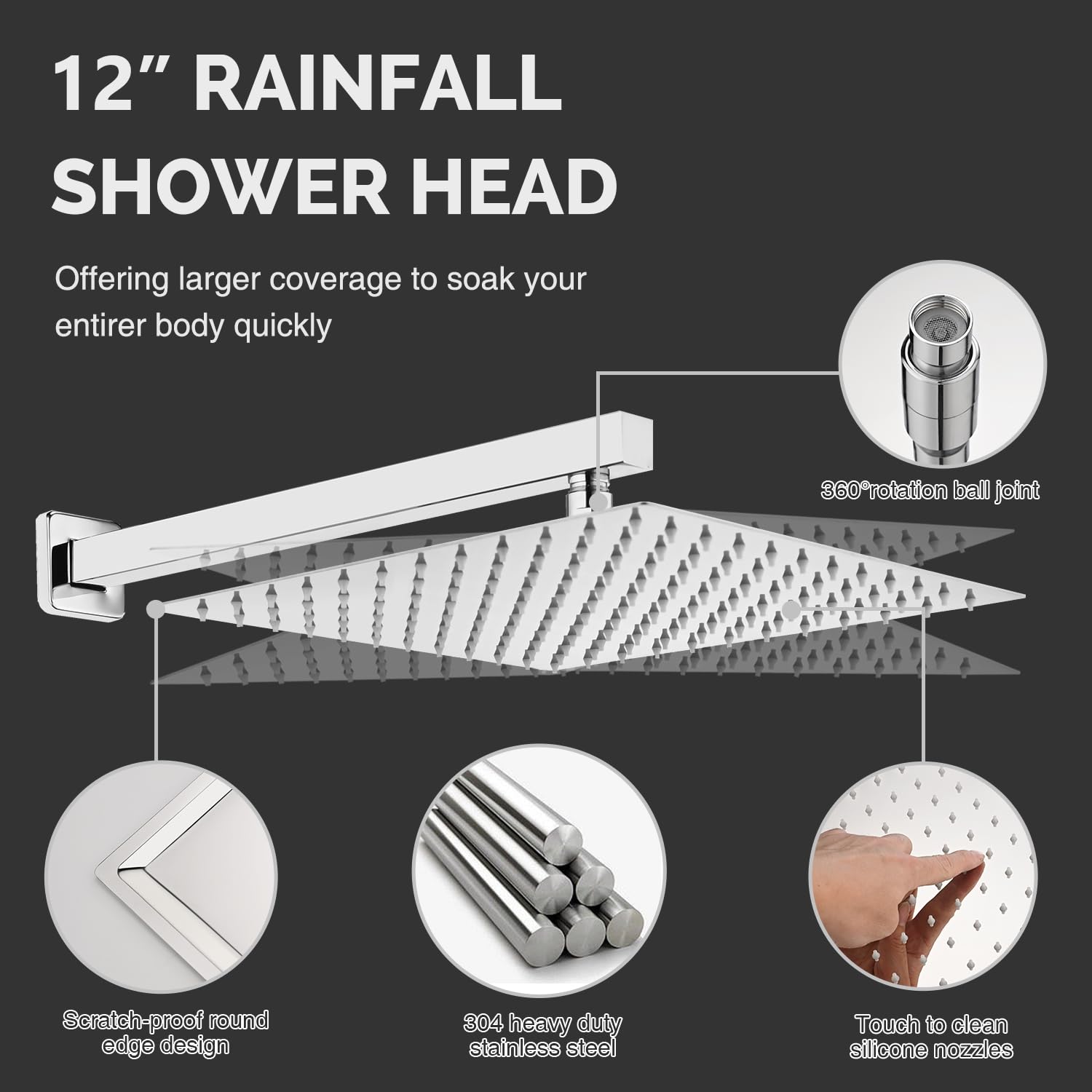 TONNY 12 Inch Chrome Rain Shower System - Complete Bathroom Square Shower Faucet Set with High Pressure Rainfall Shower Head, Handheld Combo & Wall Mounted Trim Kit (Includes Rough-in Valve) - Perfect for Modern Bathroom Renovation & Spa-Like Shower Experience