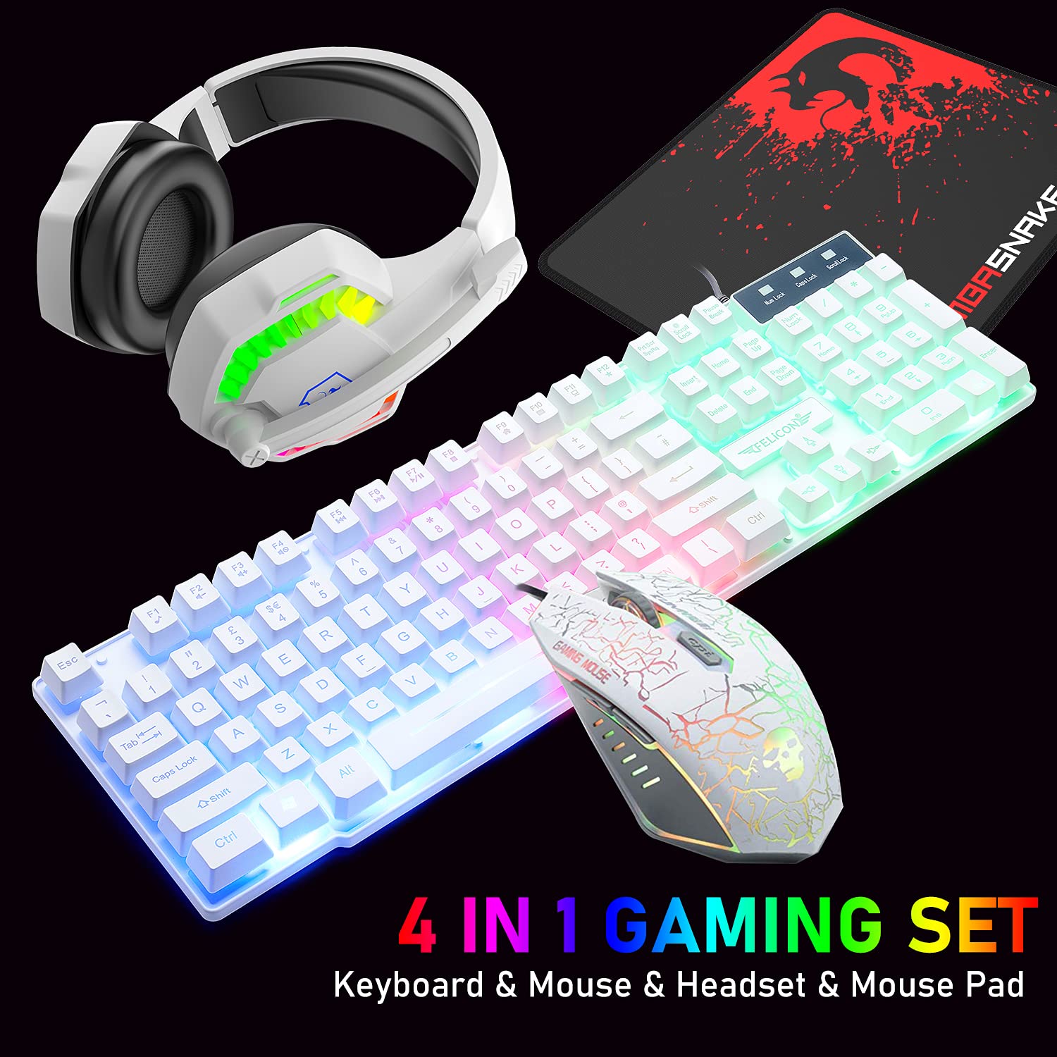 RGB Backlit Wired Gaming Keyboard Mouse and Headset Combo with Mouse Pad - Mechanical Keyboard, Noise-Canceling Headphones, Ergonomic Mouse for PC, Laptop, Mac, PS4, Xbox (White) - Perfect for Gaming, Streaming & Office Work