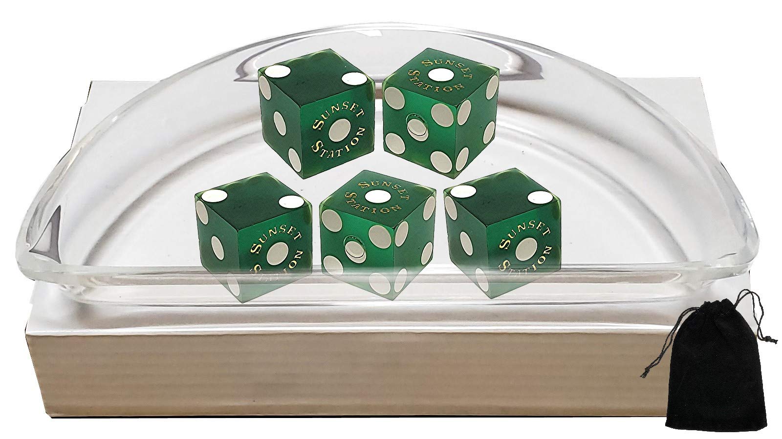 Premium Set of 5 Las Vegas Casino 19mm Professional Craps Dice with Clear Acrylic Dice Boat & Black Velvet Pouch - Sunset Station Green Frosted Edition for Casino Games, Gambling, Board Games & Tabletop Gaming