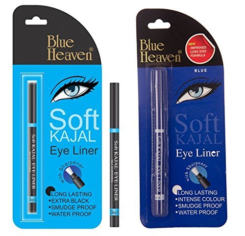 Blue Heaven Soft Kajal Pencil Combo - Black & Blue Semi-Matte Finish Eyeliner | Waterproof & Smudge-Proof for Day & Night Makeup Looks