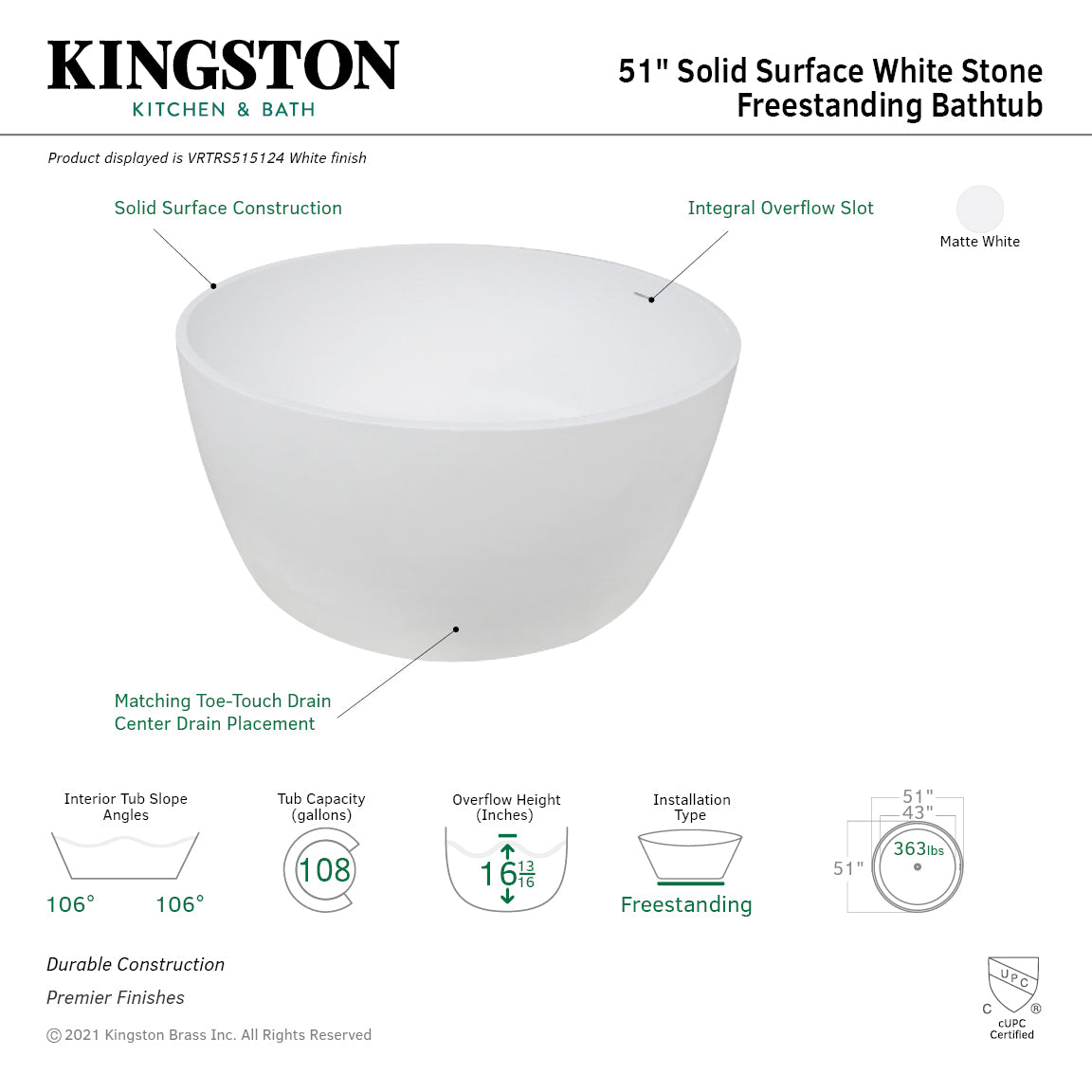 Arcticstone VRTRS515124 51-Inch Freestanding Bathtub - Matte White Solid Surface Round Double-Ended Soaking Tub with Drain - Perfect for Luxury Bathrooms & Spa Retreats