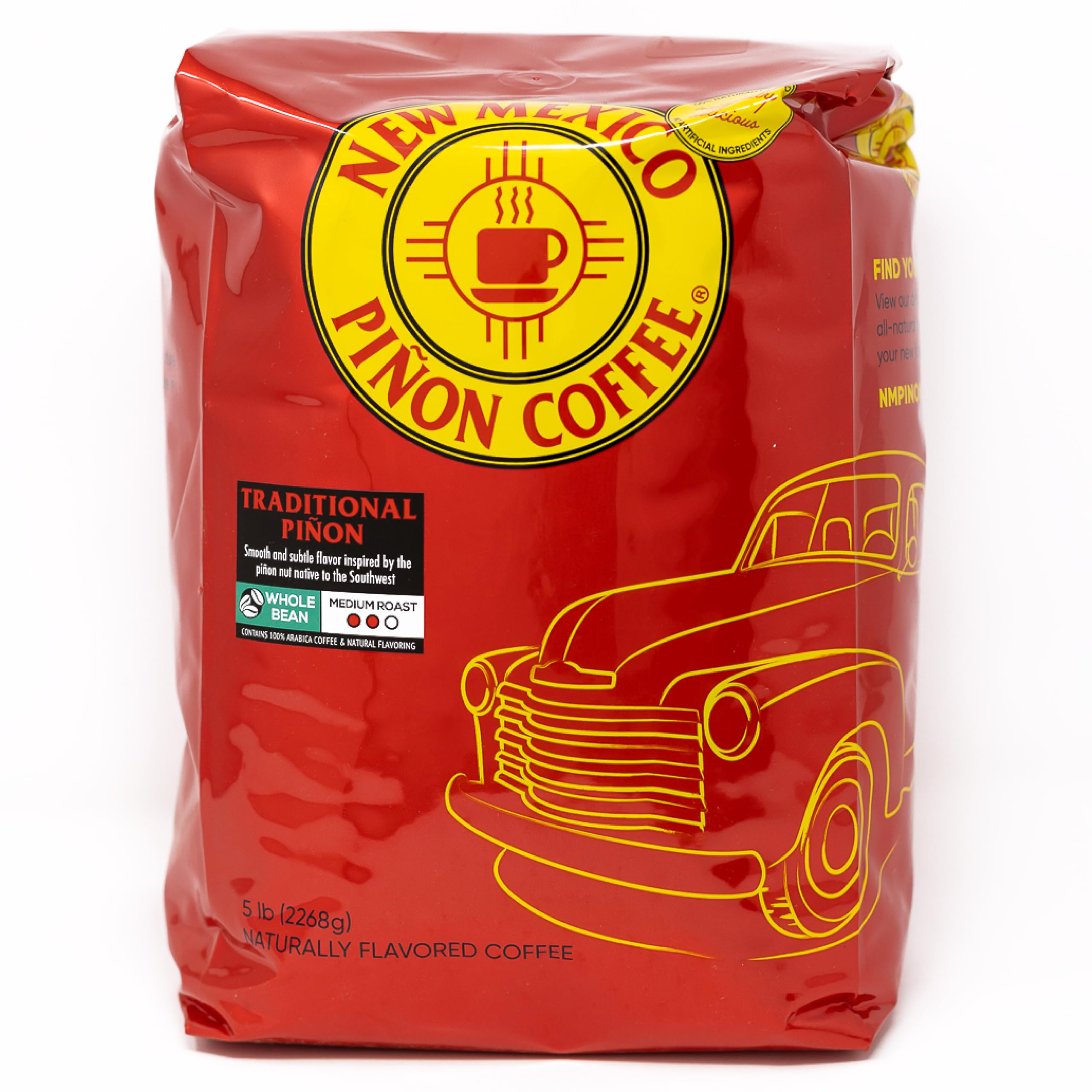 New Mexico Piñon Coffee - Naturally Flavored Whole Bean Coffee, Traditional Piñon Flavor, 5lb Bag - Perfect for Home Brewing, Gifts & Southwestern Cuisine Pairings