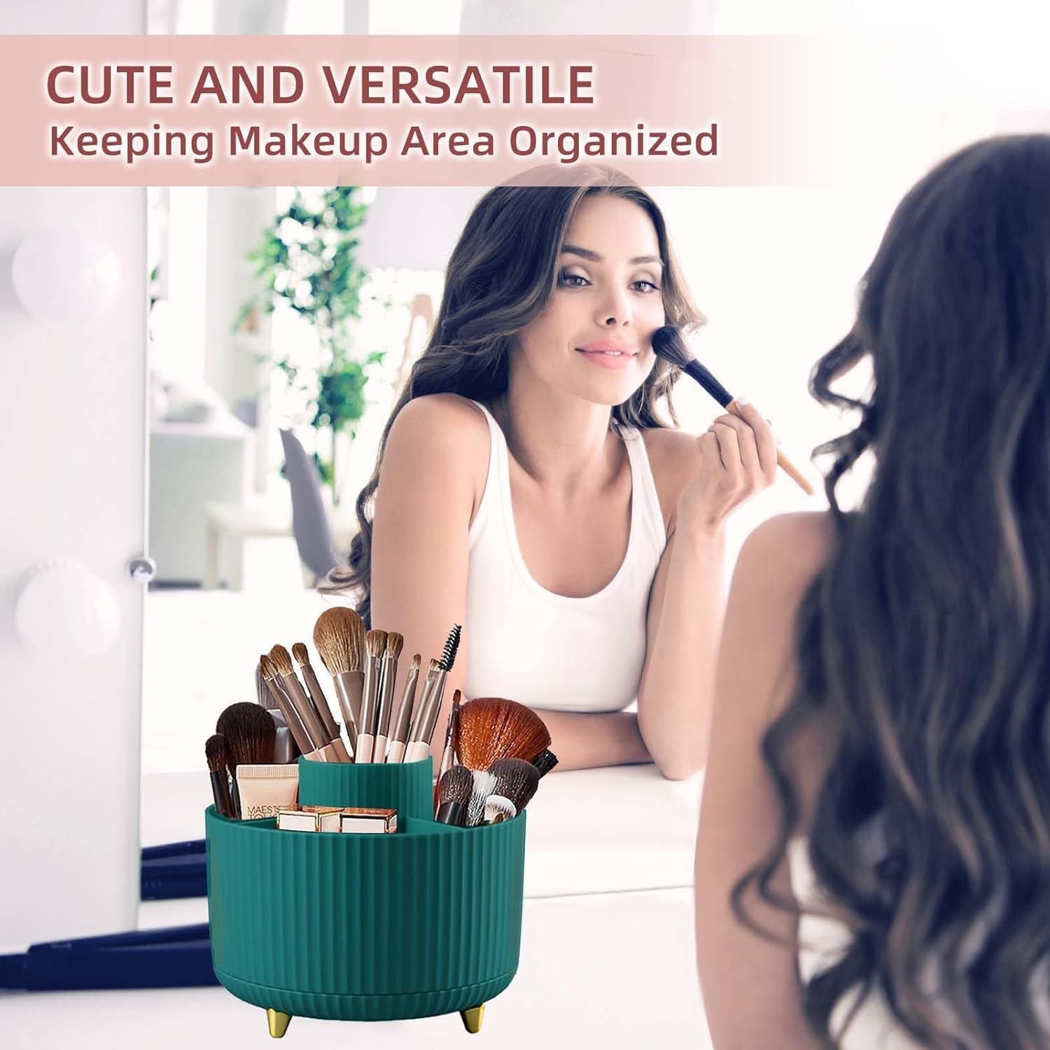 360° Rotating Makeup Brush Holder Organizer - Countertop Cosmetic & Skincare Storage for Vanity, Desktop, Bathroom | Perfect for Makeup Artists & Beauty Enthusiasts (Green)