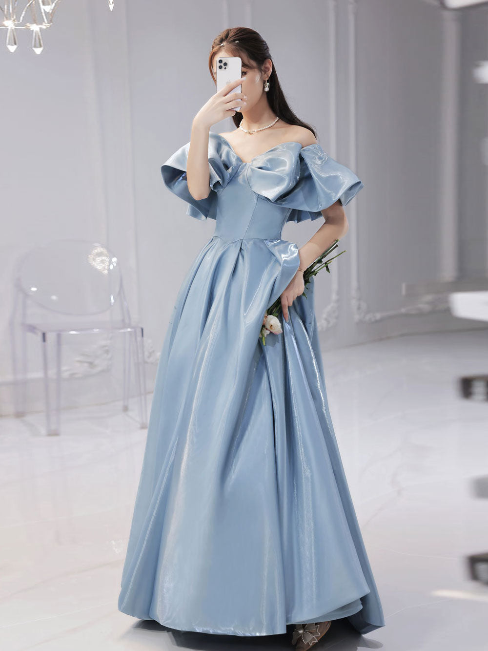 Elegant Blue Satin Long Prom Dress for Women - Formal Graduation Gown with Flowy Skirt | Perfect for Homecoming, Ball, Wedding Guest & Special Occasions