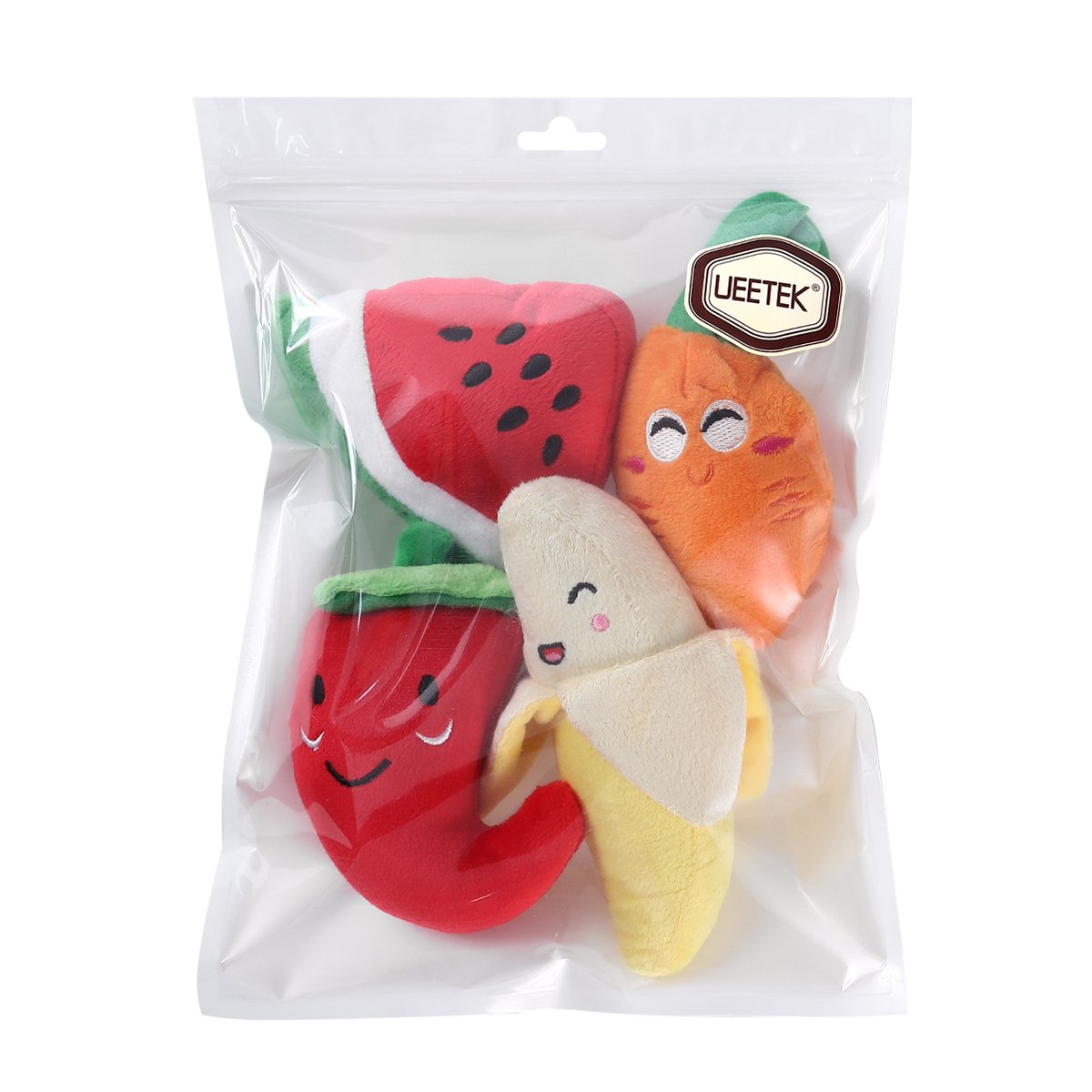 UEETEK 4 Pack Plush Squeaky Chew Toys for Dogs & Cats - Carrot, Watermelon, Banana & Pepper Shapes - Puppy Training, Teething Relief & Interactive Play