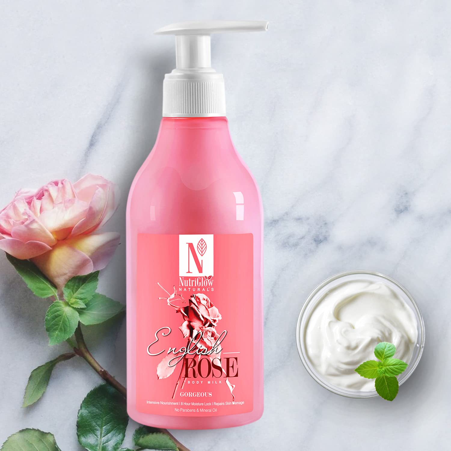 NutriGlow NATURAL'S English Rose Body Milk - Intensive Nourishment & 8 Hour Moisture Lock for Dry Skin | Repairs Skin Damage, Paraben-Free with Mineral Water, 300ml | Perfect for Daily Hydration & Post-Shower Skincare Routine