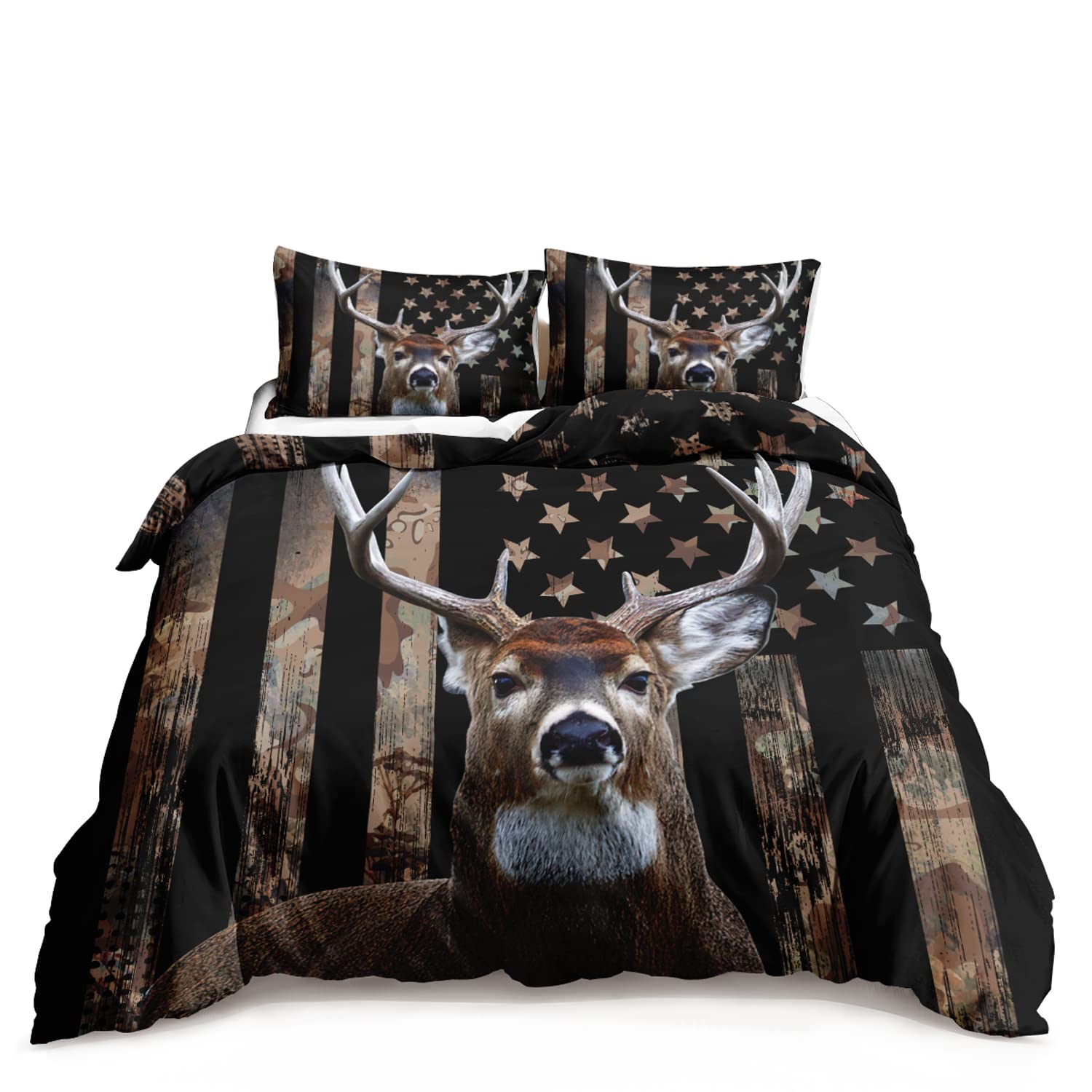 Premium Deer Hunting Bedding Set - Camouflage Duvet Cover with American Flag Design & 2 Pillowcases for Hunter Bedroom Decor - Perfect for Adult & Teen Boys - Ideal for Hunting Lodges, Cabin Retreats & Outdoor Enthusiast Bedrooms