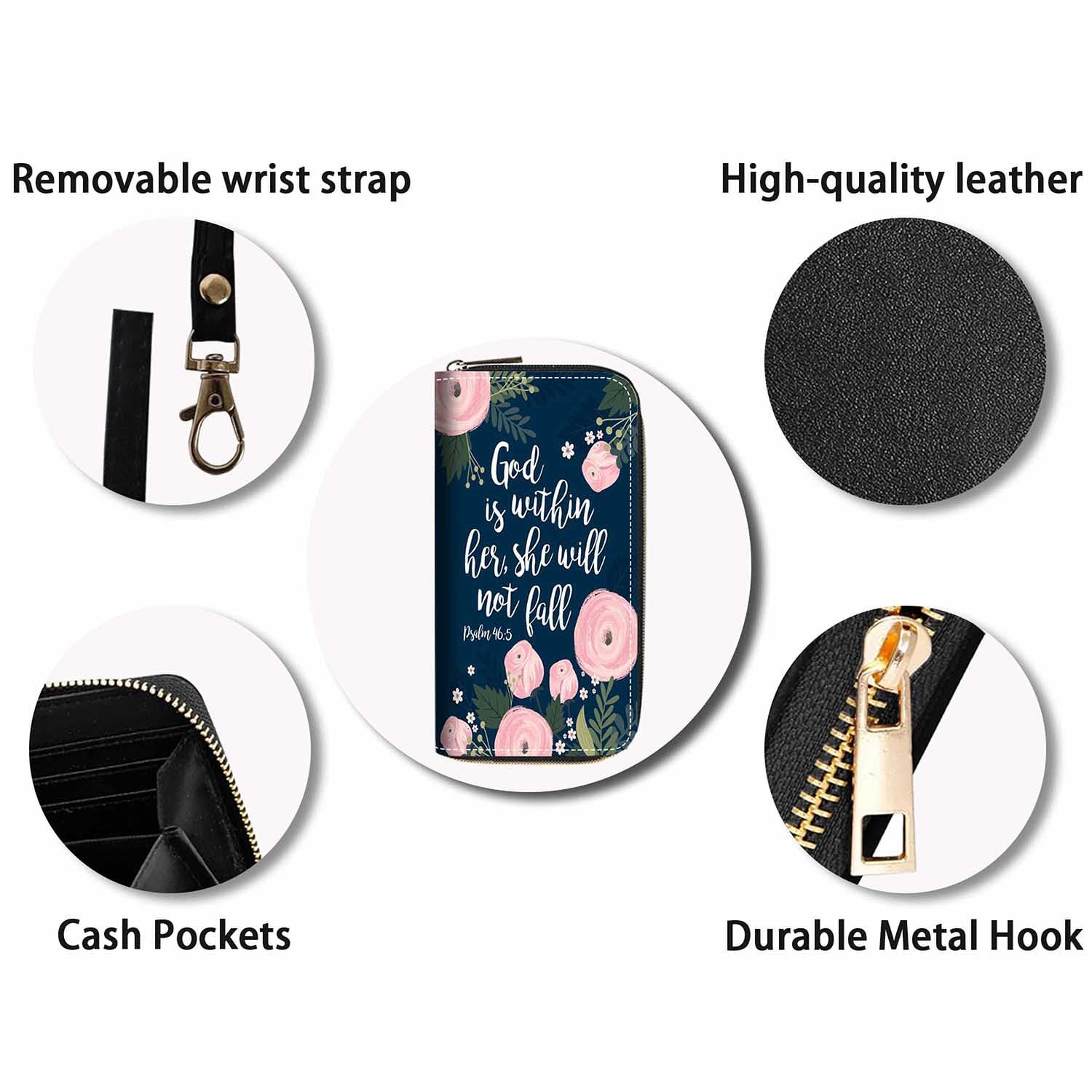 Floral Bible Verse Psalm 46:5 Print Women's Large PU Leather Wallet - Zipper Clutch Purse for Smartphone, Cards, Coins & Cash - Perfect for Church, Daily Use & Gift Giving