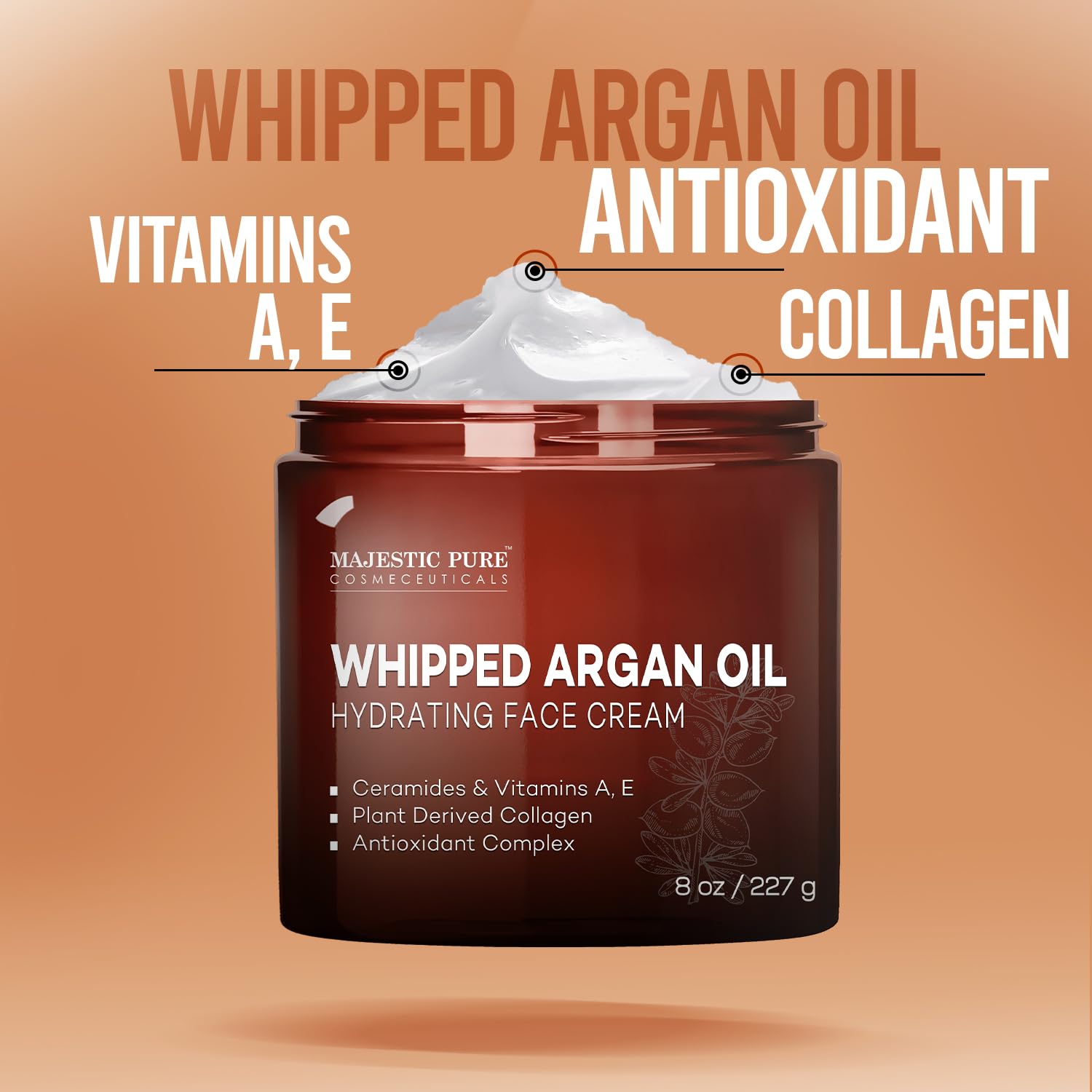 Majestic Pure Whipped Argan Oil Face Moisturizer with Vitamin E, Collagen & Ceramides - Hydrating Cream for Dry & Oily Skin, Anti-Aging Treatment Reduces Fine Lines - 8oz - Perfect for Daily Skincare Routine & Nighttime Hydration
