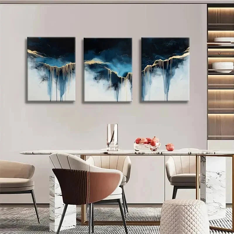 3-Piece Abstract Blue & Gold Drip Painting Wall Art Set - Framed Canvas 40x60cm (16x24in) - High Quality Print - 100% Australian Made - Ready to Hang - Perfect for Living Room, Bedroom & Office Decor