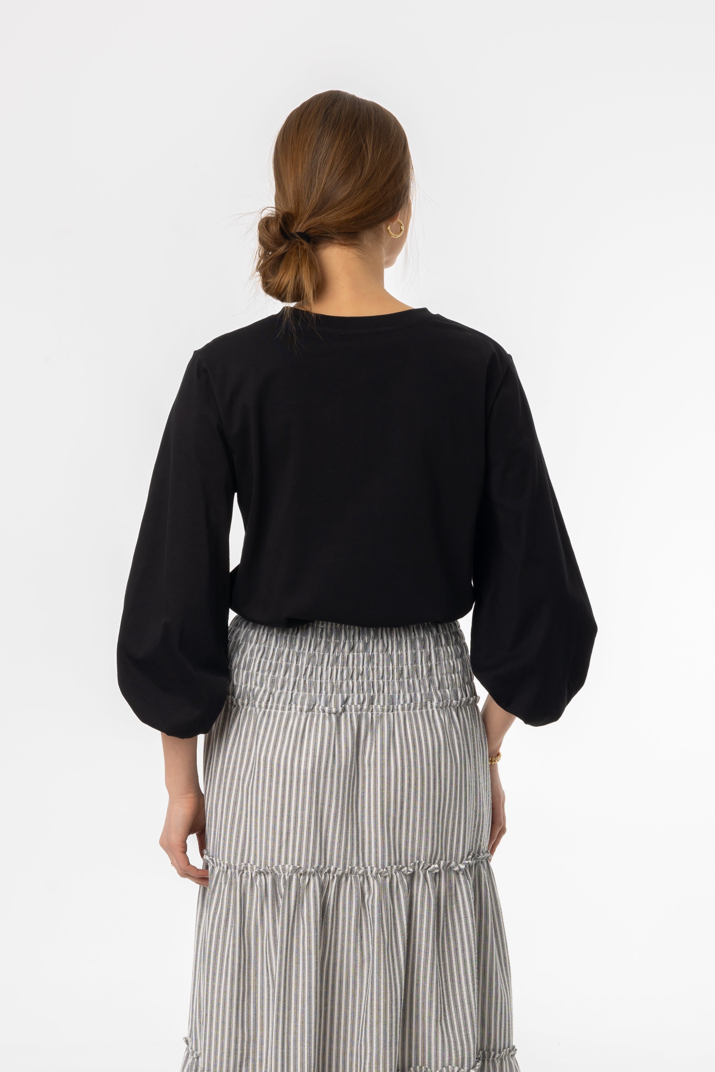 Black Gathered Sleeve T-Shirt for Women - Stylish Casual Top for Everyday Wear, Date Nights & Office Outfits